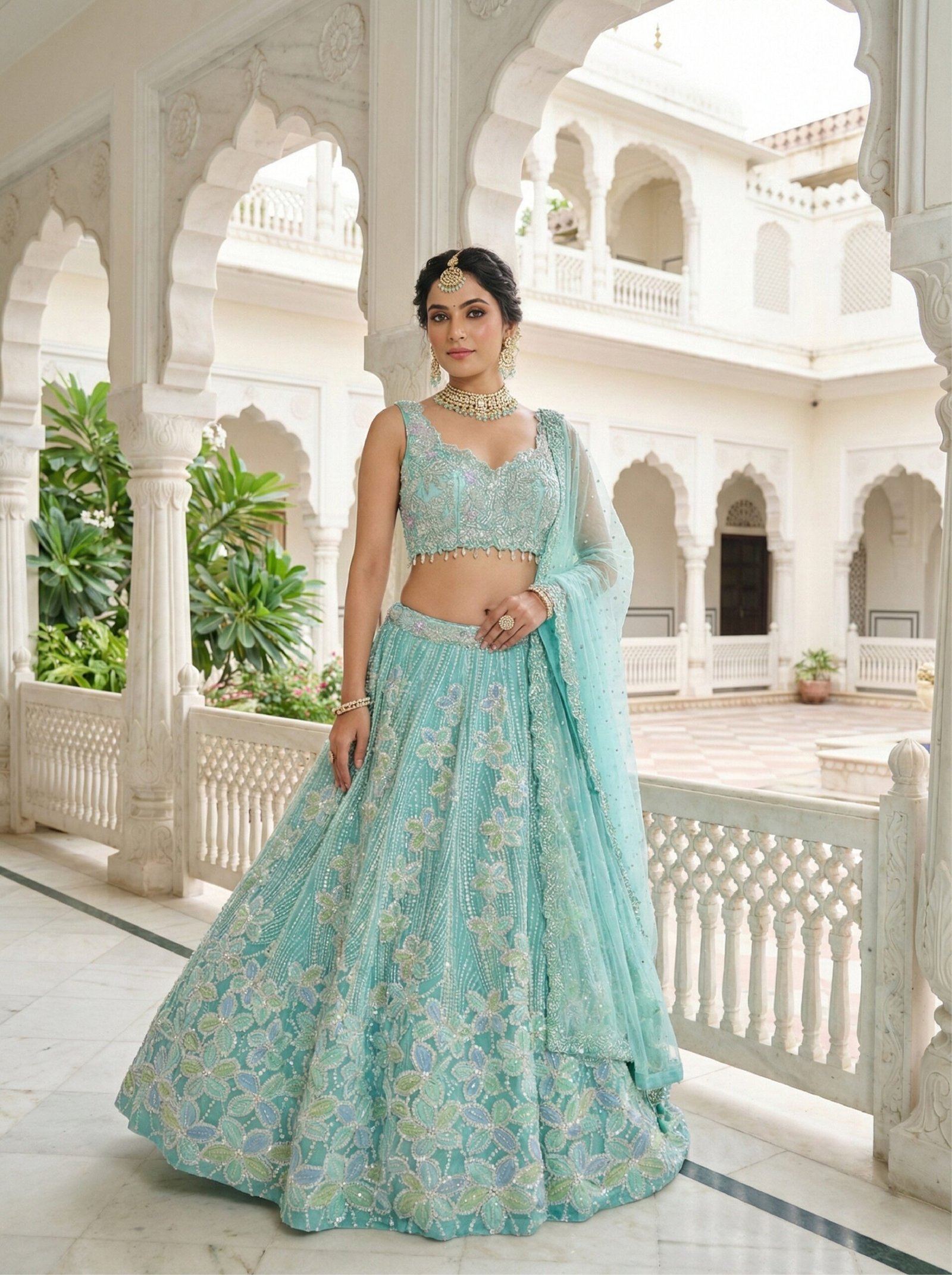 Ice Blue Net With Heavy Beads And Sequins Ghagra Set