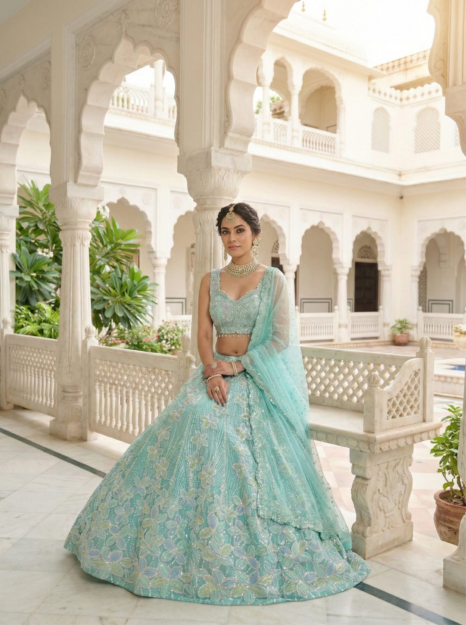 Ice Blue Net With Heavy Beads And Sequins Ghagra Set - Image 2
