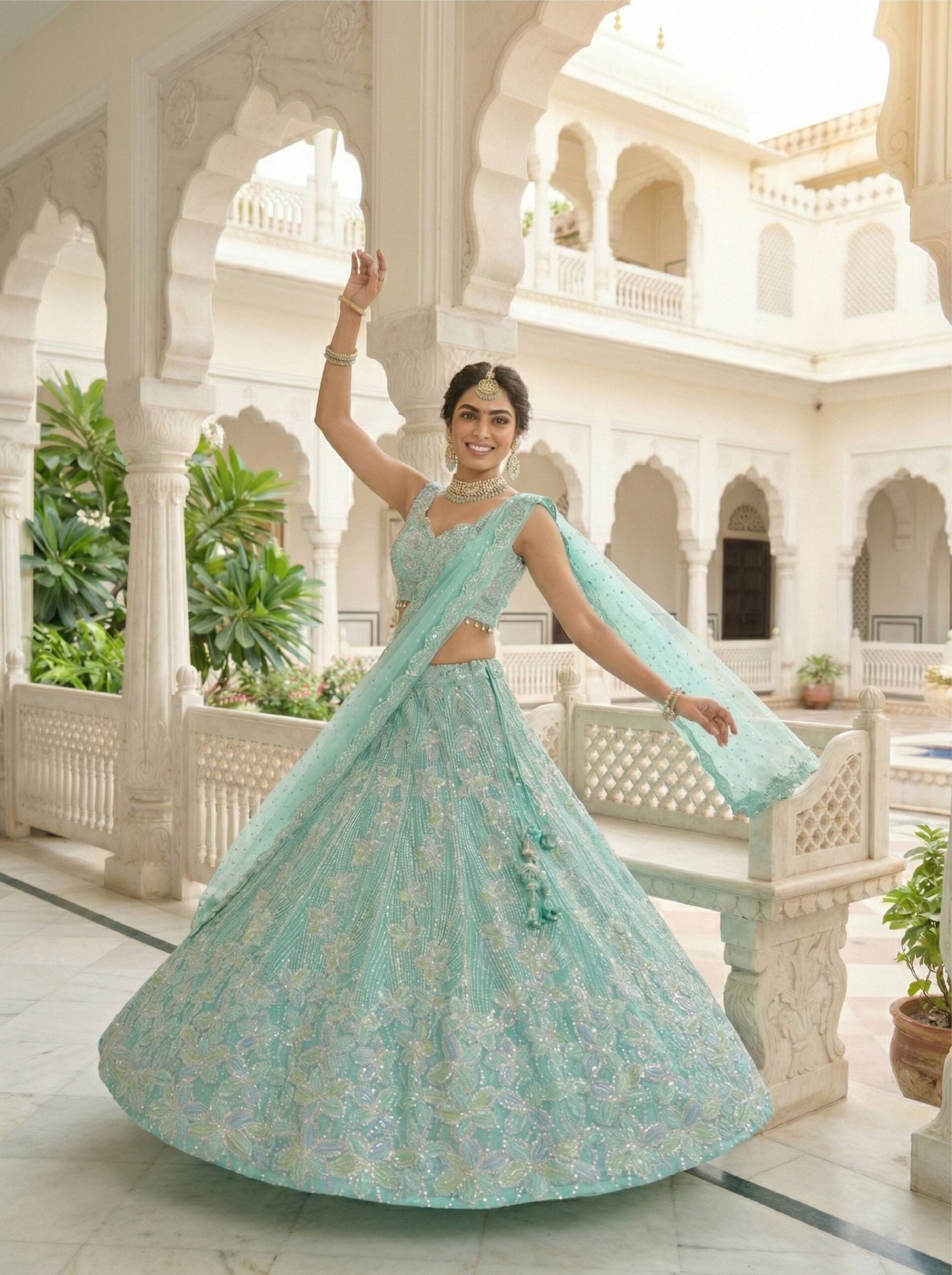 Ice Blue Net With Heavy Beads And Sequins Ghagra Set - Image 3