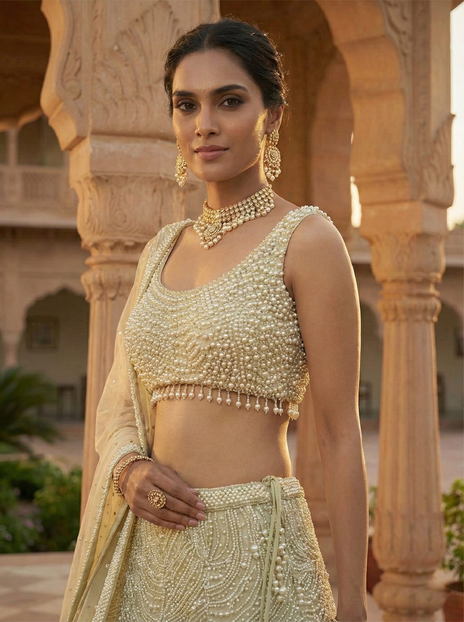 Ivory Net Heavy Pearl Embroidered Ghagra Set - Image 2