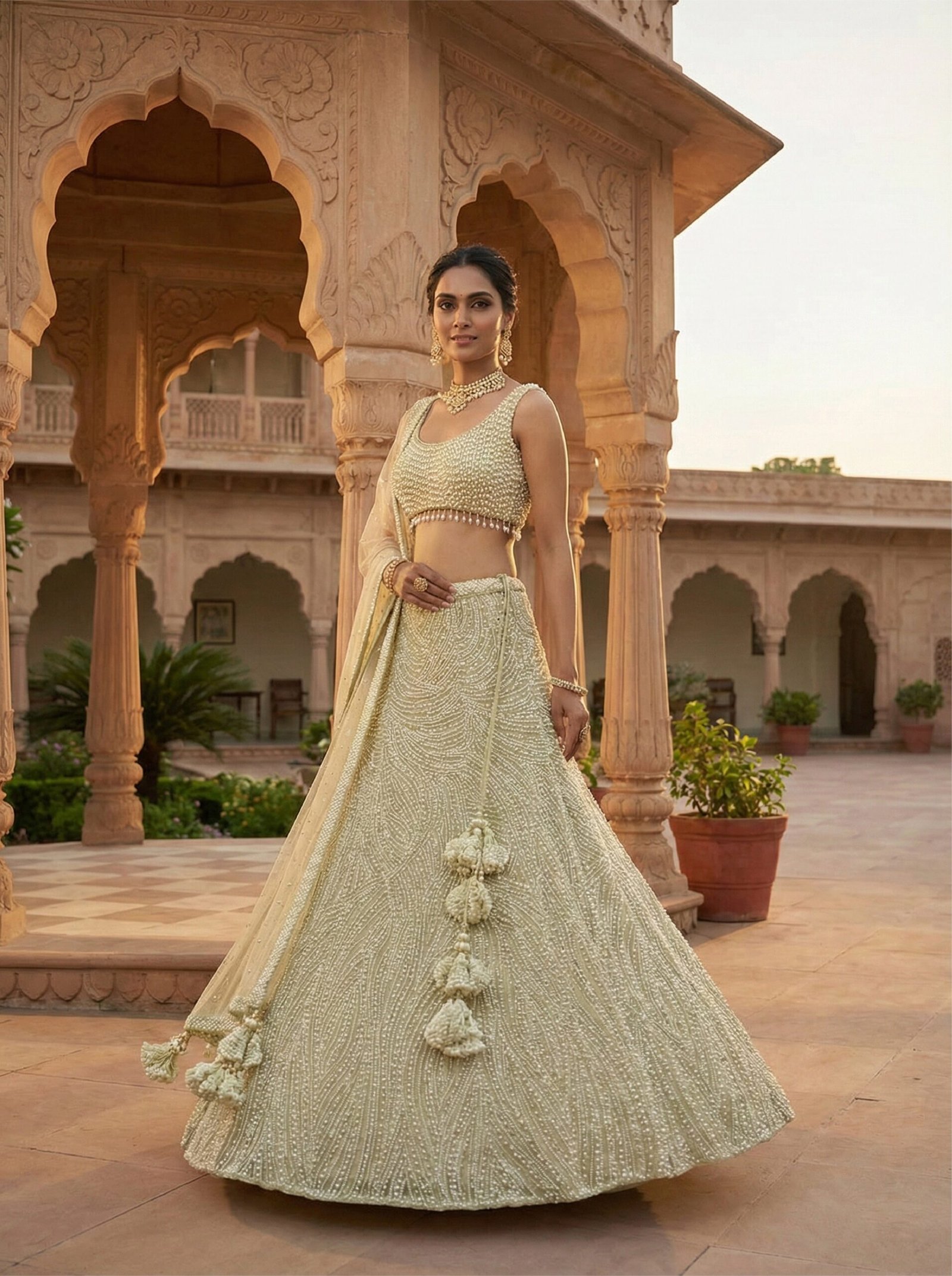 Ivory Net Heavy Pearl Embroidered Ghagra Set - Image 3