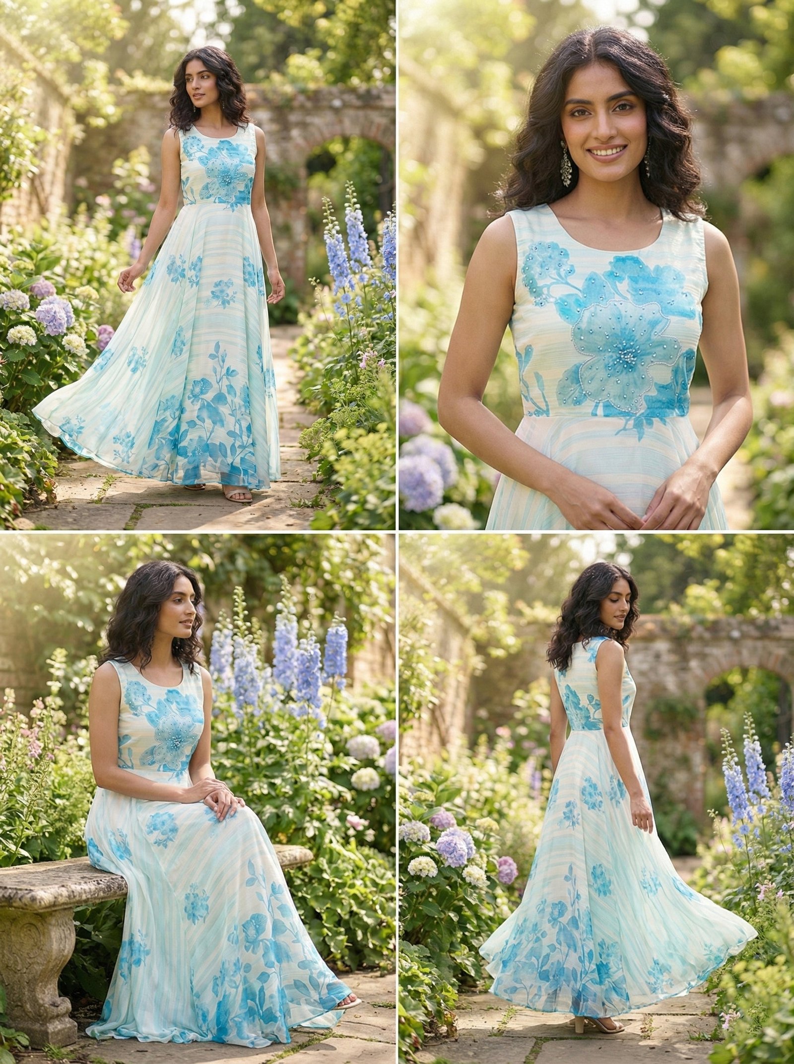 Off White Georgette Floral Digital Print Long Dress - Image 2