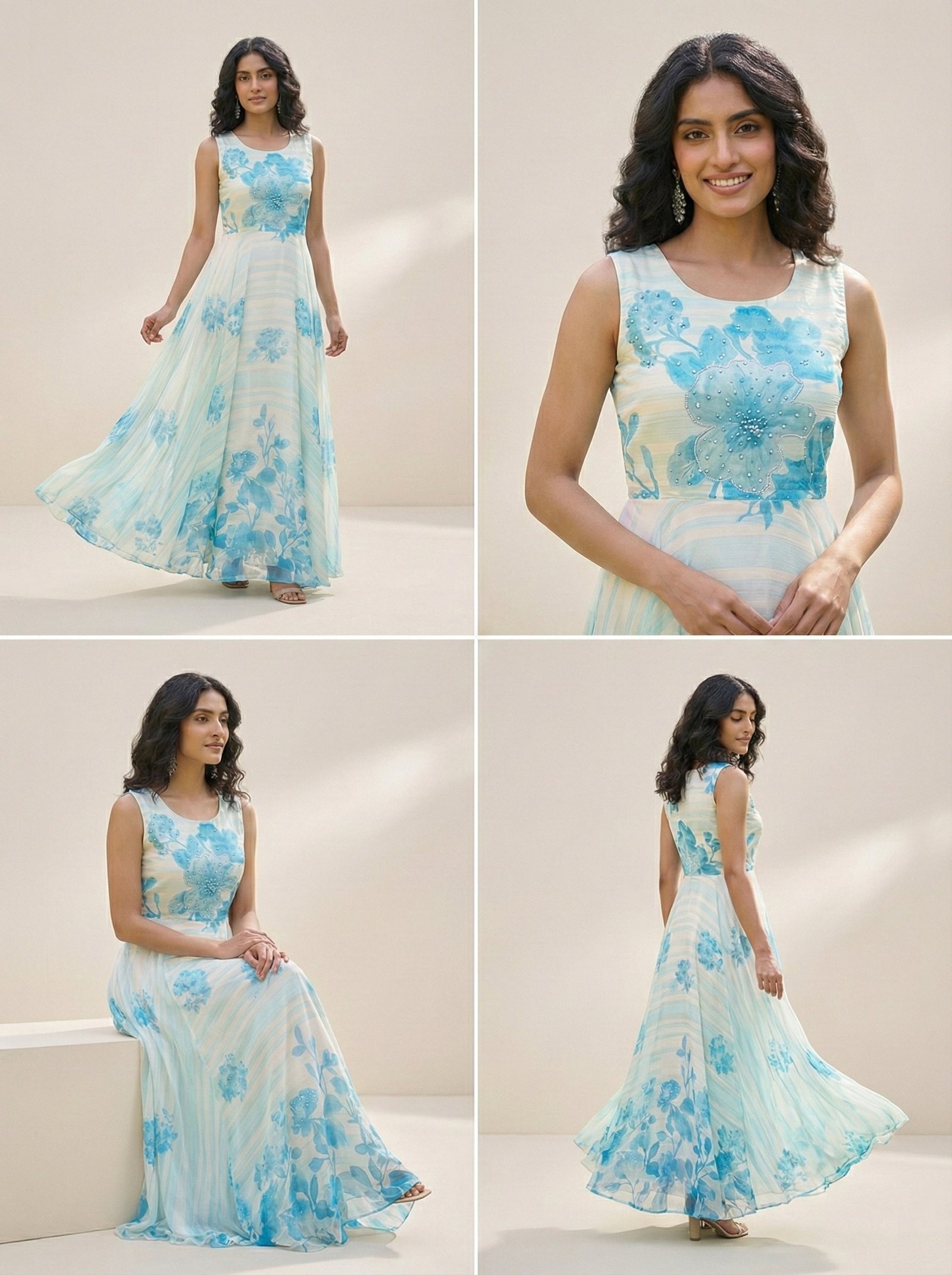 Off White Georgette Floral Digital Print Long Dress - Image 3