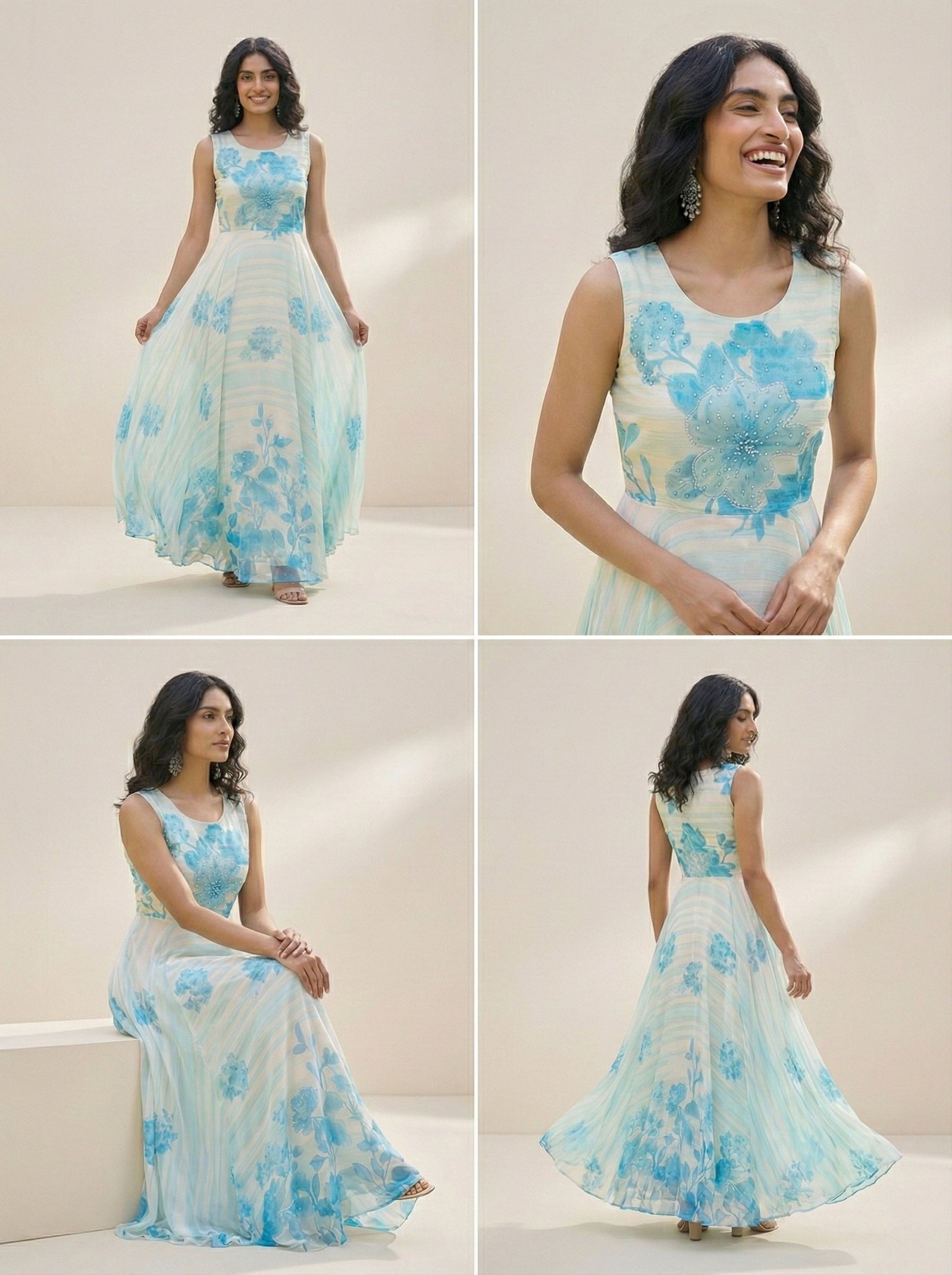 Off White Georgette Floral Digital Print Long Dress - Image 4