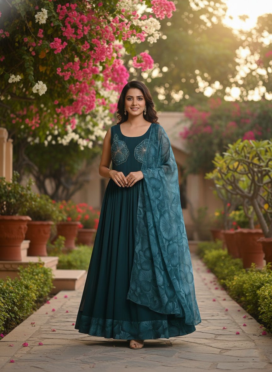 Peacock Georgette Floral Printed Long Dress