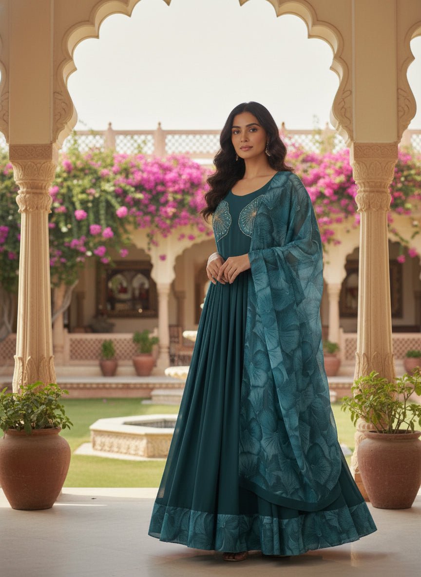 Peacock Georgette Floral Printed Long Dress - Image 2