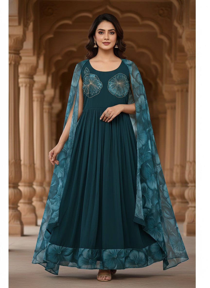 Peacock Georgette Floral Printed Long Dress - Image 3