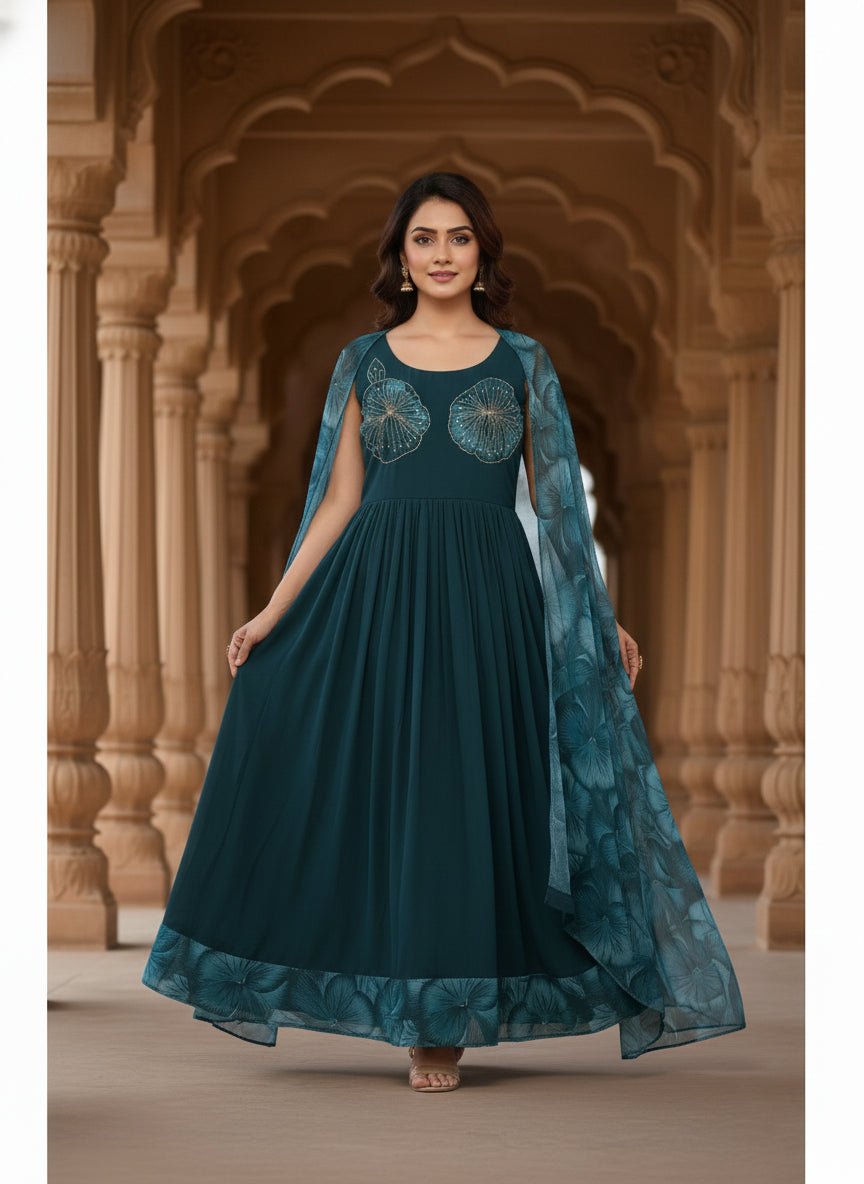 Peacock Georgette Floral Printed Long Dress - Image 4