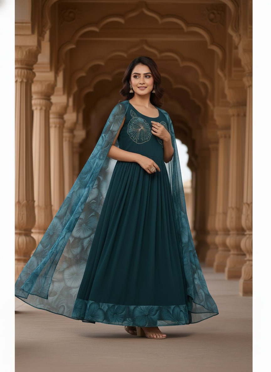 Peacock Georgette Floral Printed Long Dress - Image 5