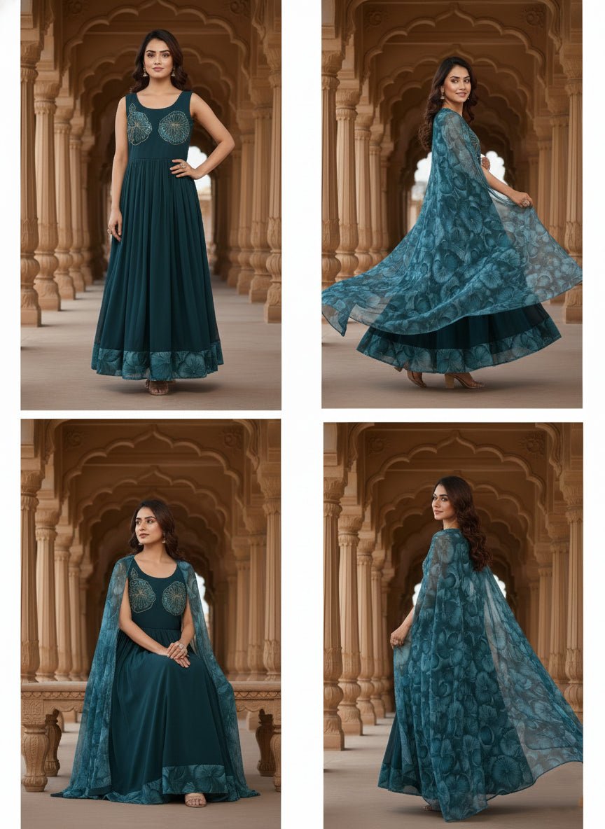 Peacock Georgette Floral Printed Long Dress - Image 6