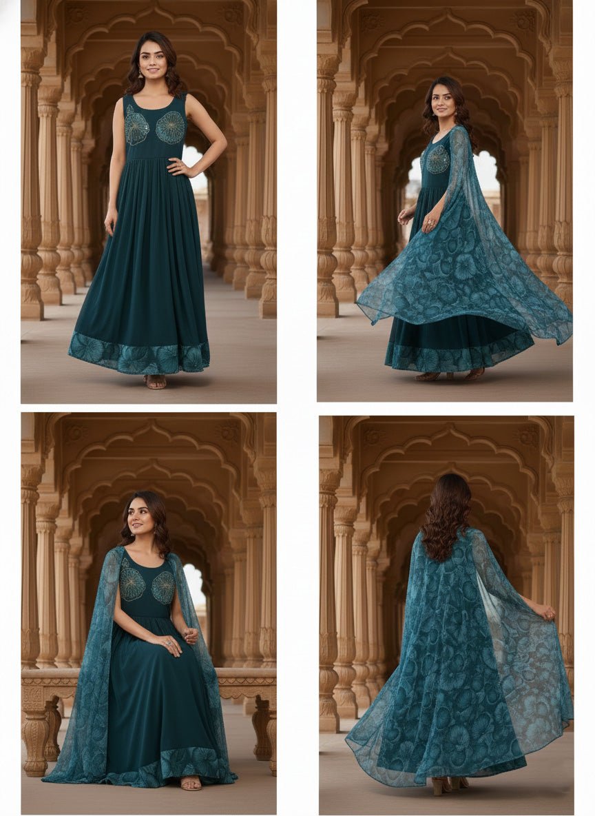 Peacock Georgette Floral Printed Long Dress - Image 7