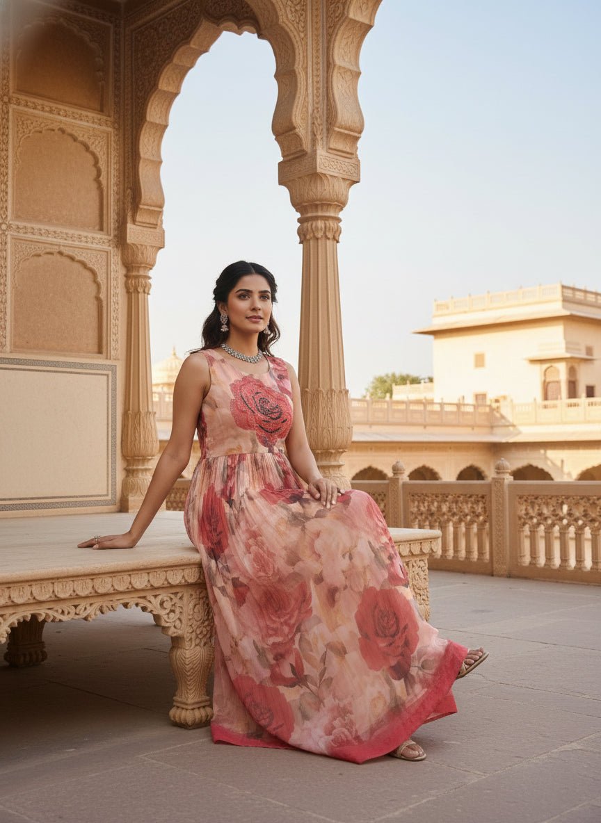 Peach Georgette Floral Digital Print Long Dress - Image 2