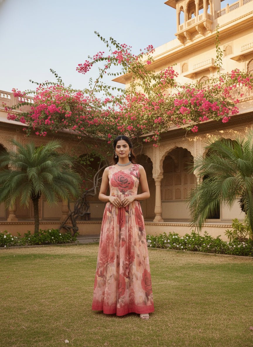 Peach Georgette Floral Digital Print Long Dress - Image 3
