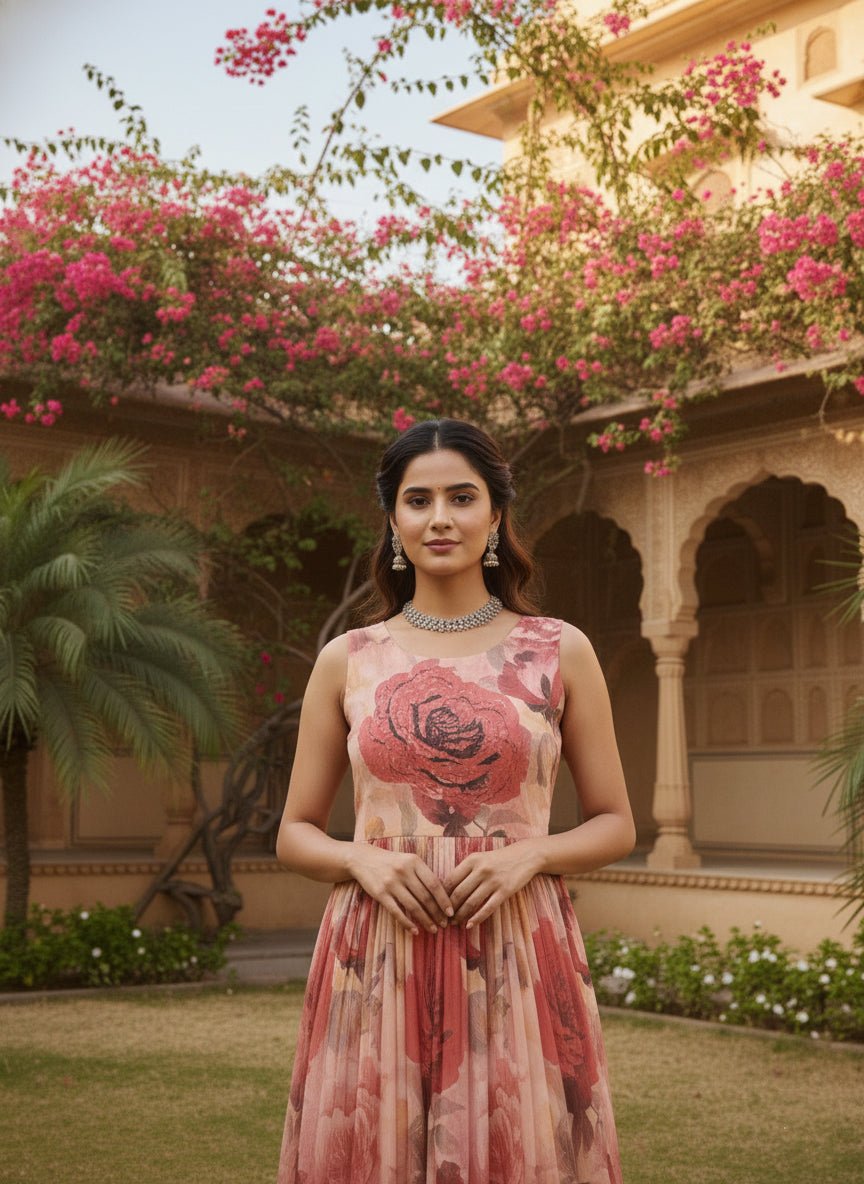 Peach Georgette Floral Digital Print Long Dress - Image 4