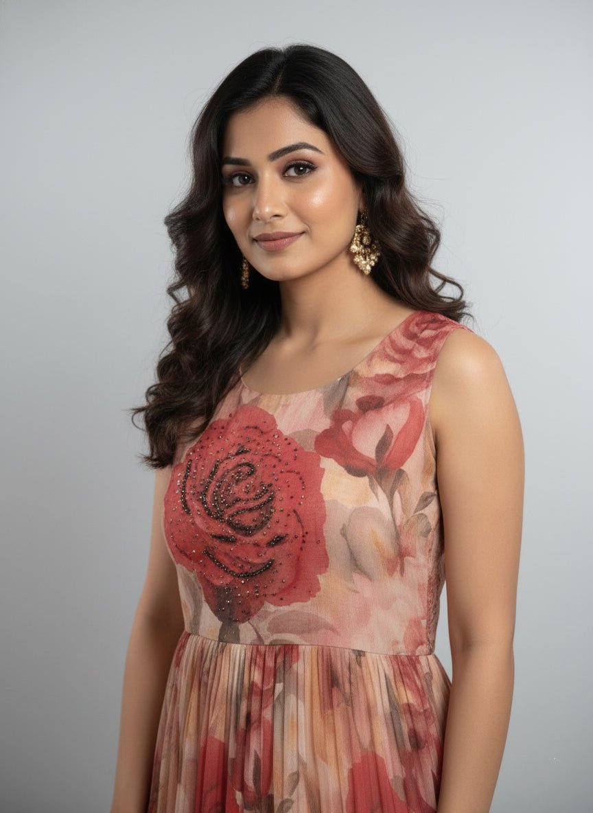 Peach Georgette Floral Digital Print Long Dress - Image 5