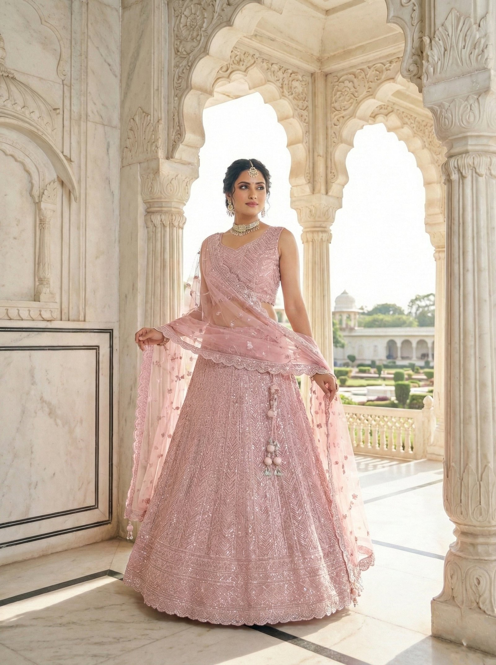 Onion Net With Heavy Beads And Stones Ghagra Set - Image 2