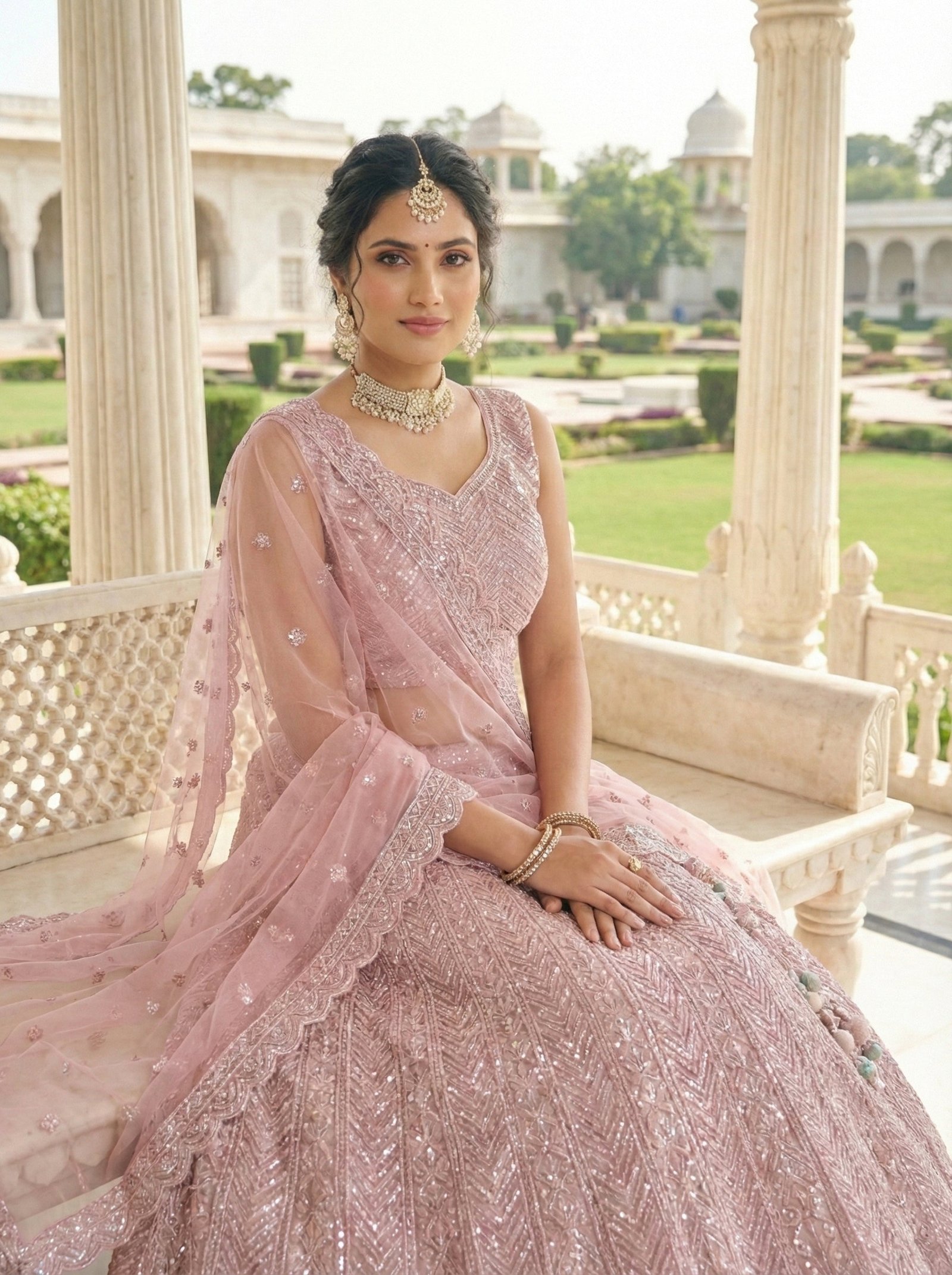 Onion Net With Heavy Beads And Stones Ghagra Set - Image 3