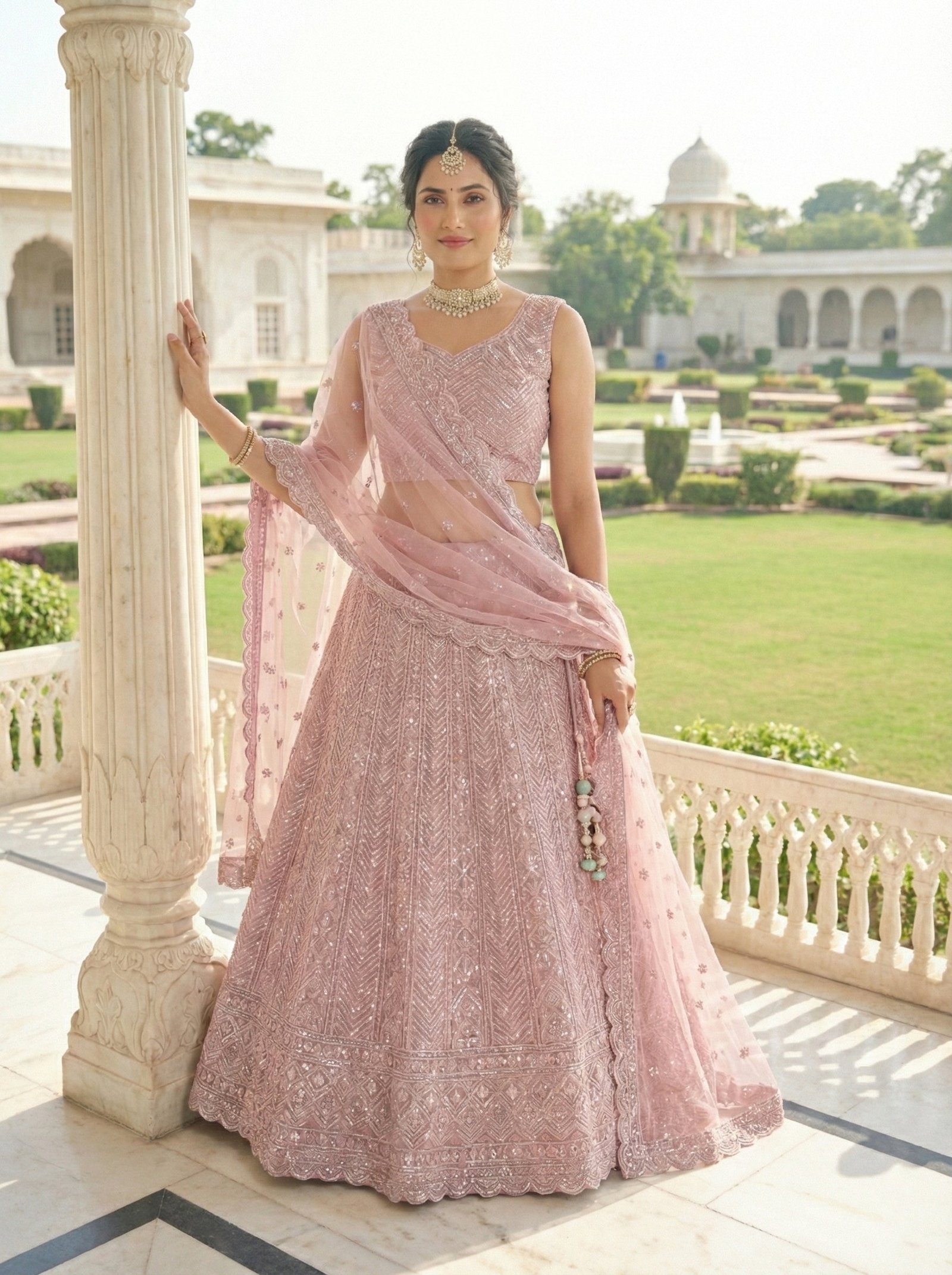 Onion Net With Heavy Beads And Stones Ghagra Set