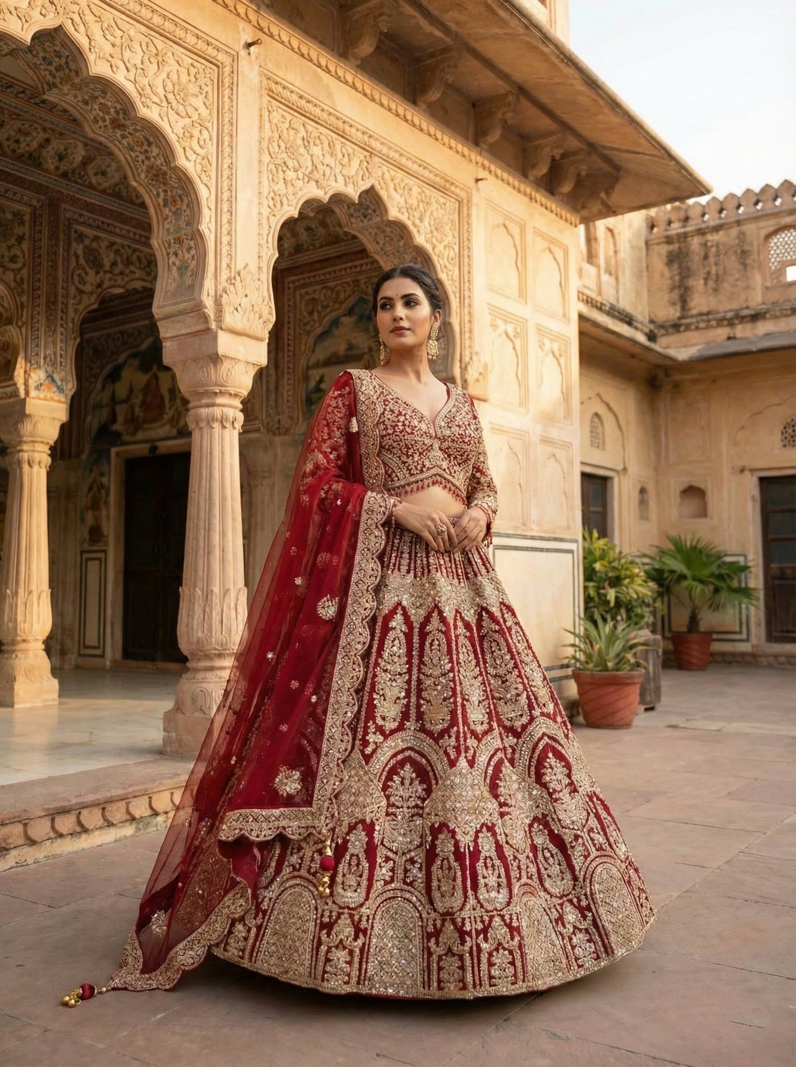 Maroon Net Heavy Hand Embroidered Ghagra Set - Image 2