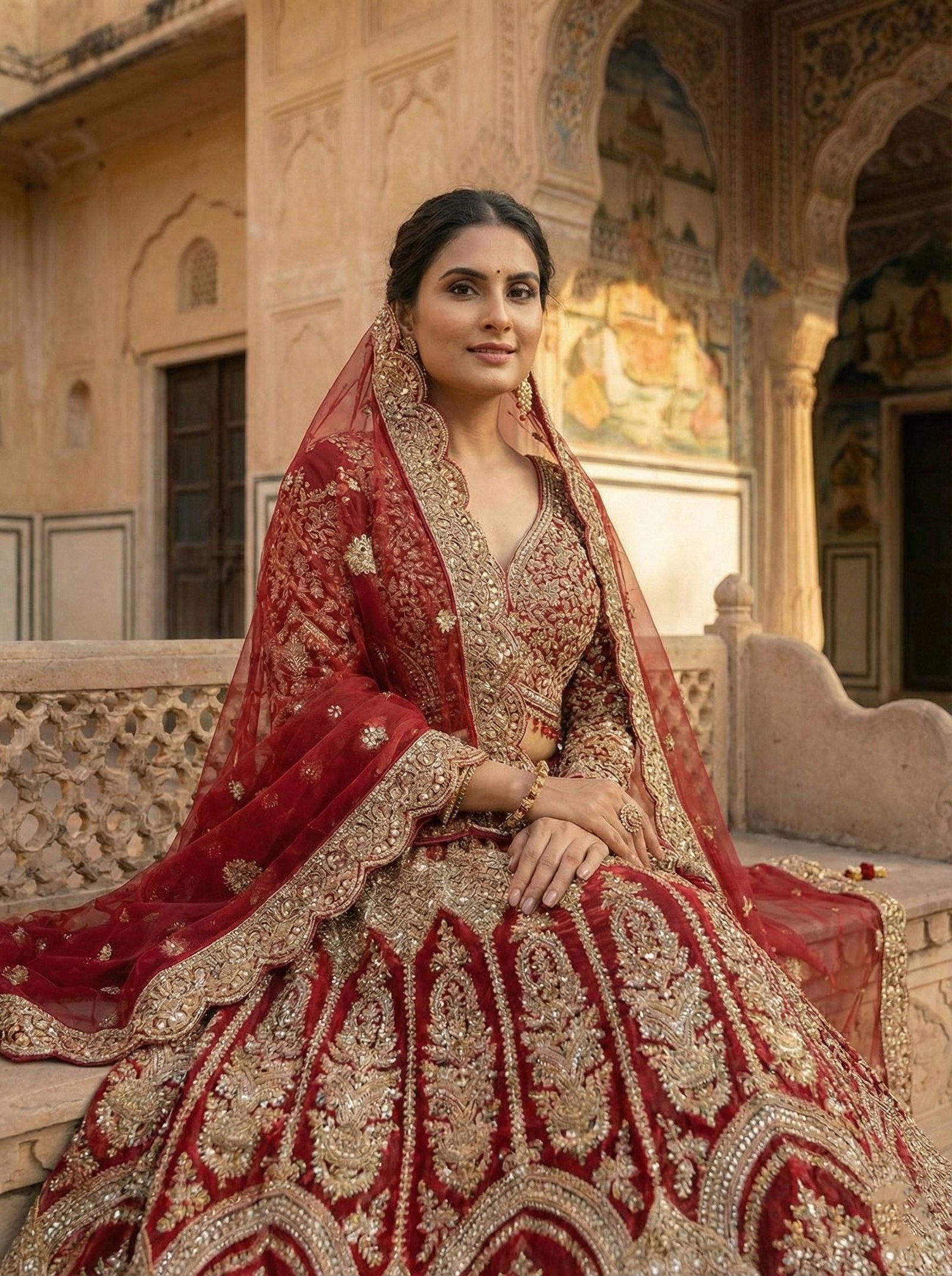 Maroon Net Heavy Hand Embroidered Ghagra Set - Image 3