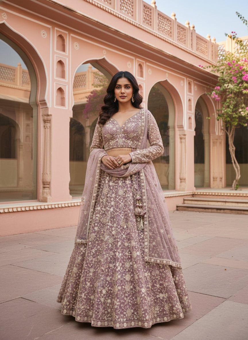 Lavender Net Heavy Floral Embroidered Ghagra Set
