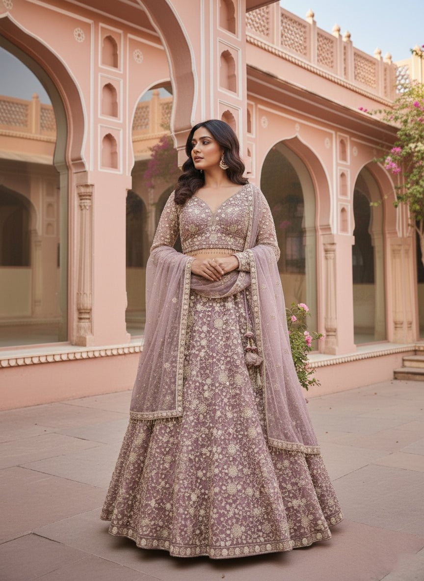 Lavender Net Heavy Floral Embroidered Ghagra Set - Image 3