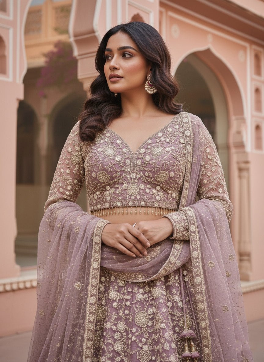 Lavender Net Heavy Floral Embroidered Ghagra Set - Image 4