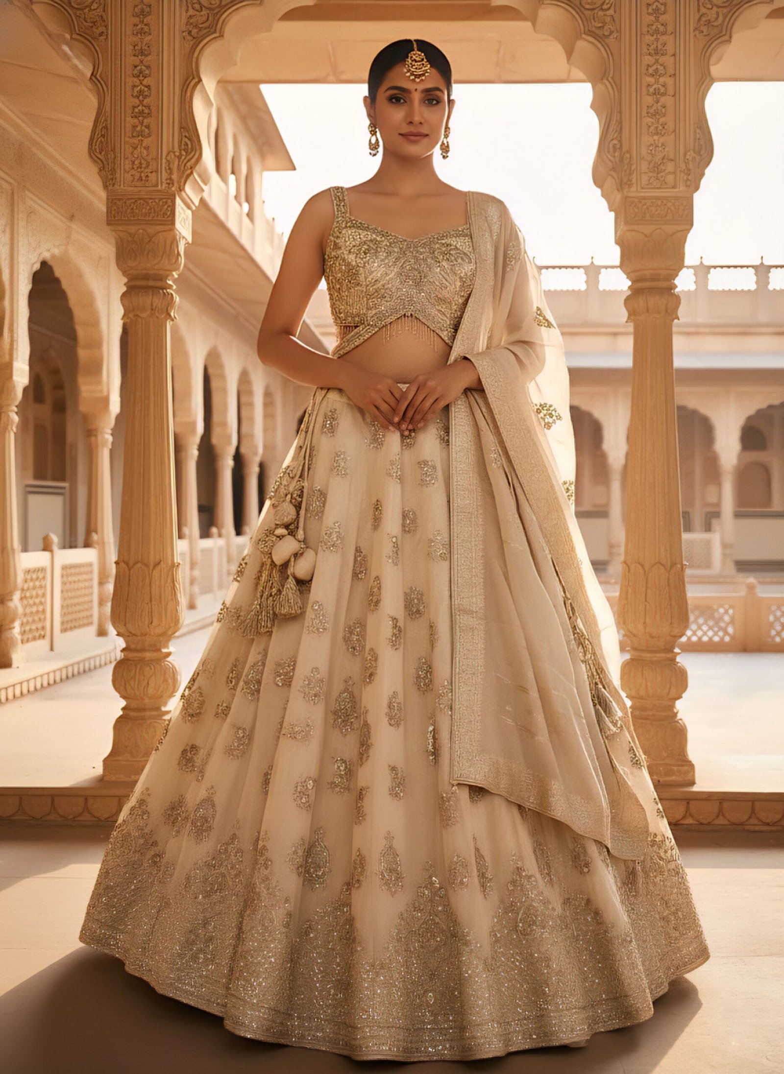 Beige Georgette With Heavy Zari And Sequins Ghagra Set