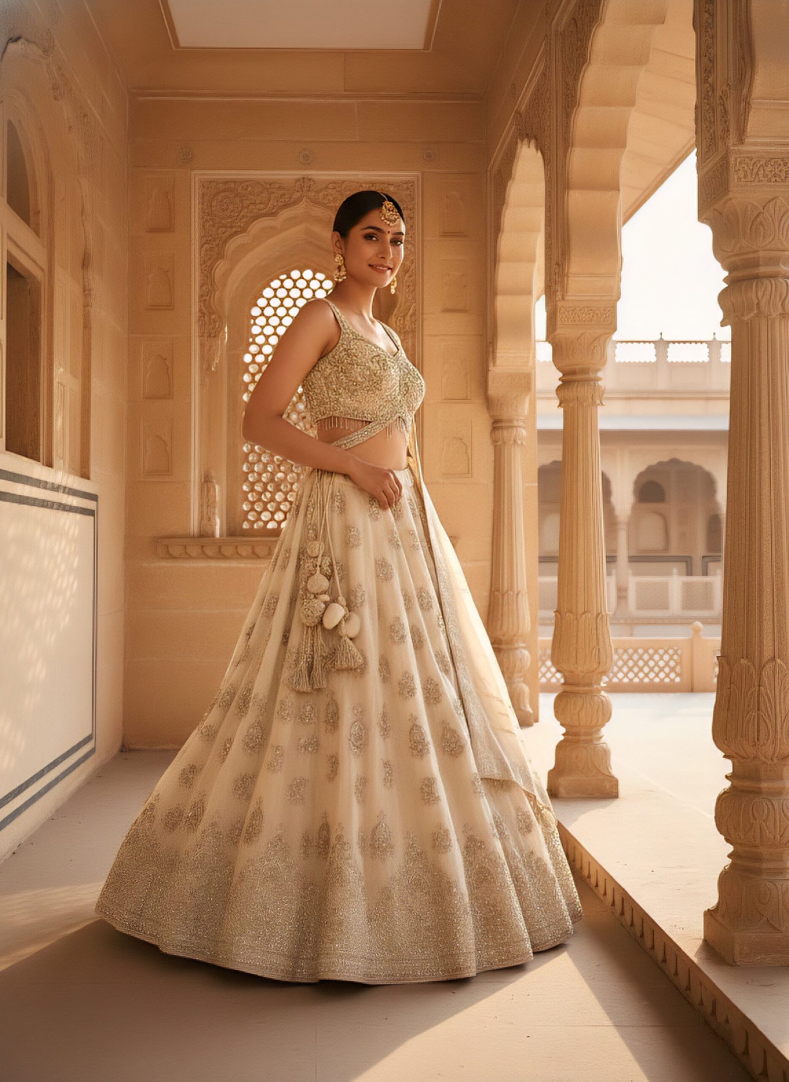 Beige Georgette With Heavy Zari And Sequins Ghagra Set - Image 2