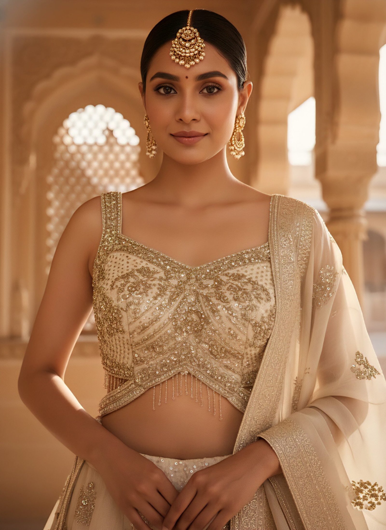 Beige Georgette With Heavy Zari And Sequins Ghagra Set - Image 3