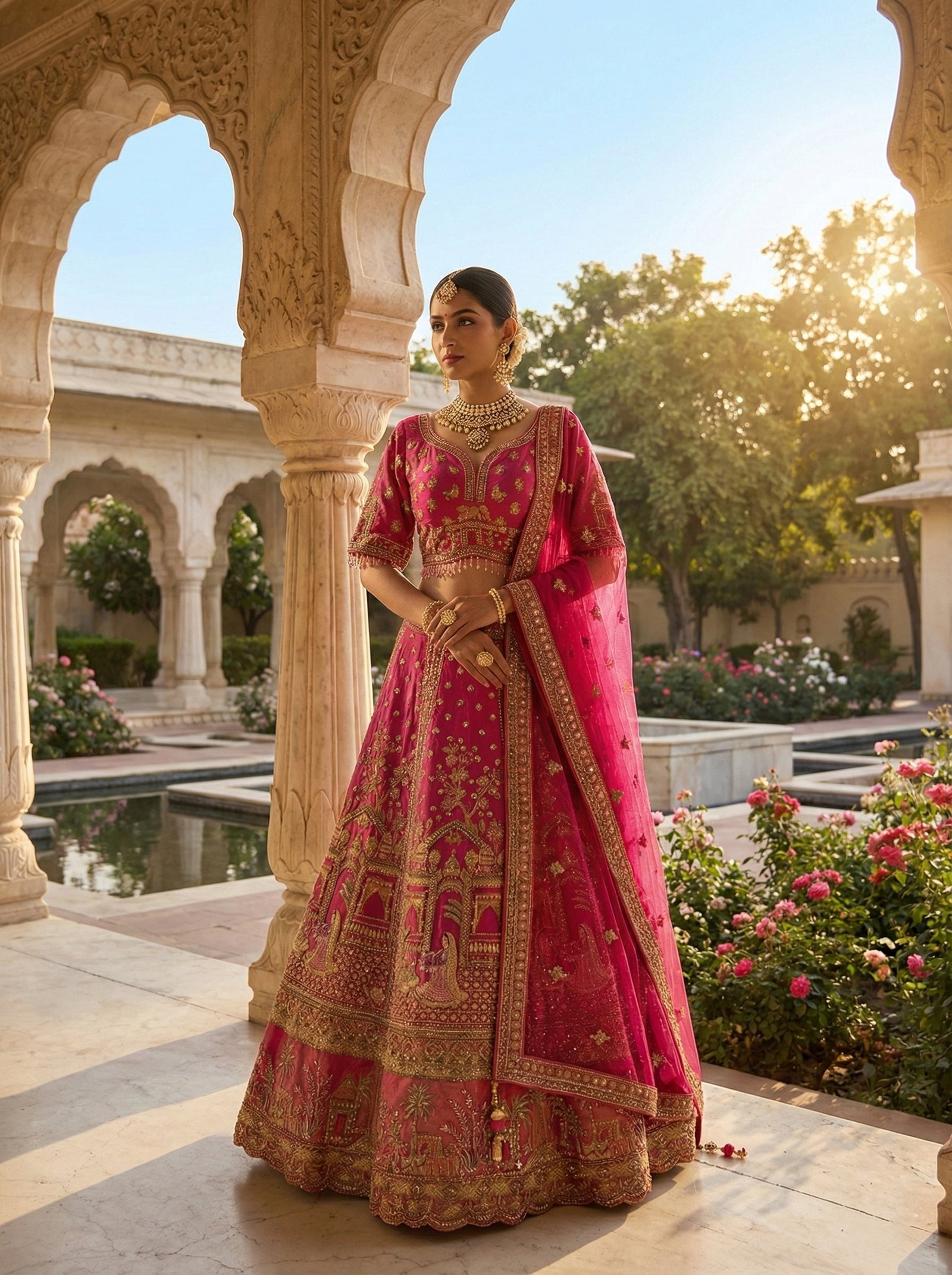 Rani Pink Tissue Ethnic Motif Hand Embroidered Ghagra Set