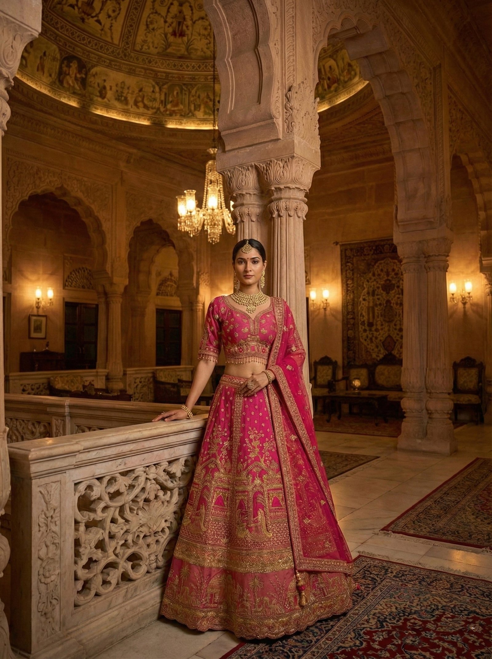 Rani Pink Tissue Ethnic Motif Hand Embroidered Ghagra Set - Image 3