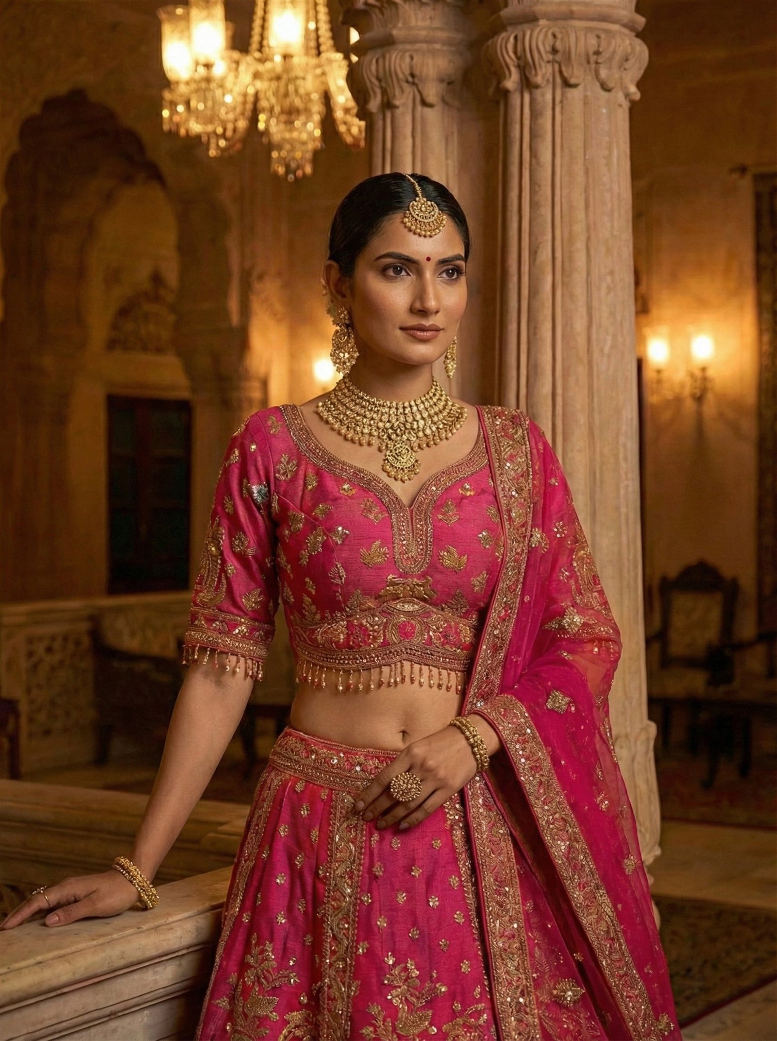 Rani Pink Tissue Ethnic Motif Hand Embroidered Ghagra Set - Image 2