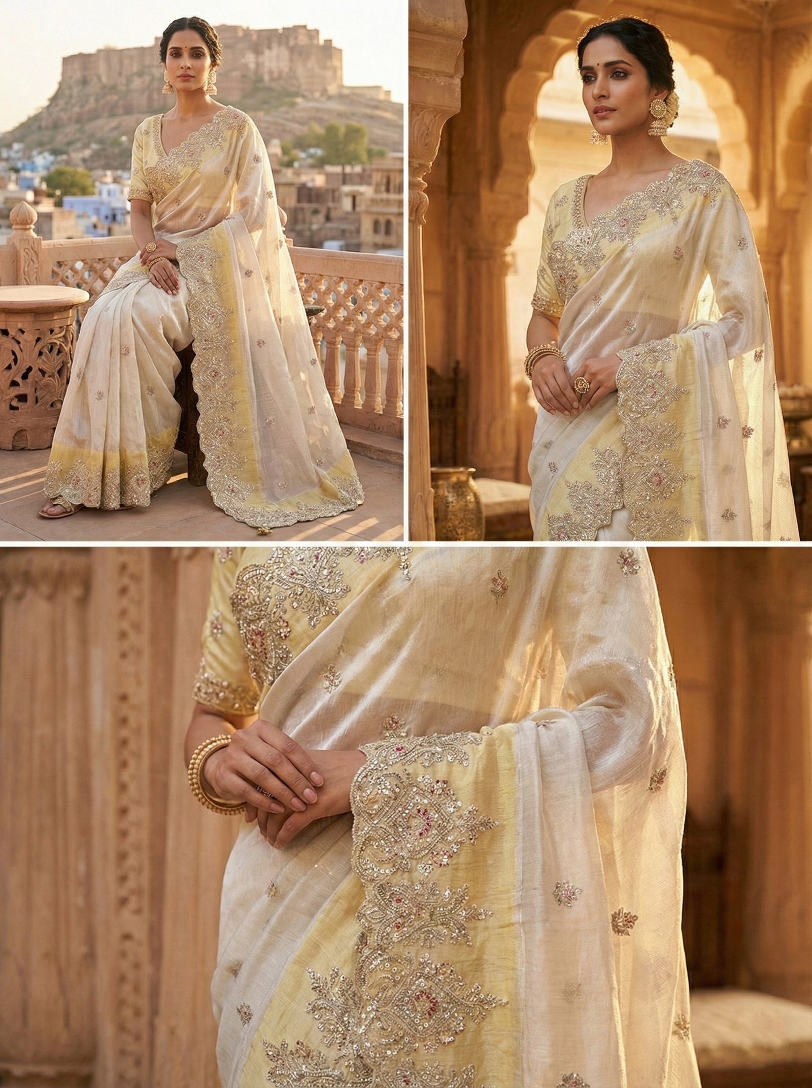 Silver Tissue Hand Embroidery Saree - Image 3