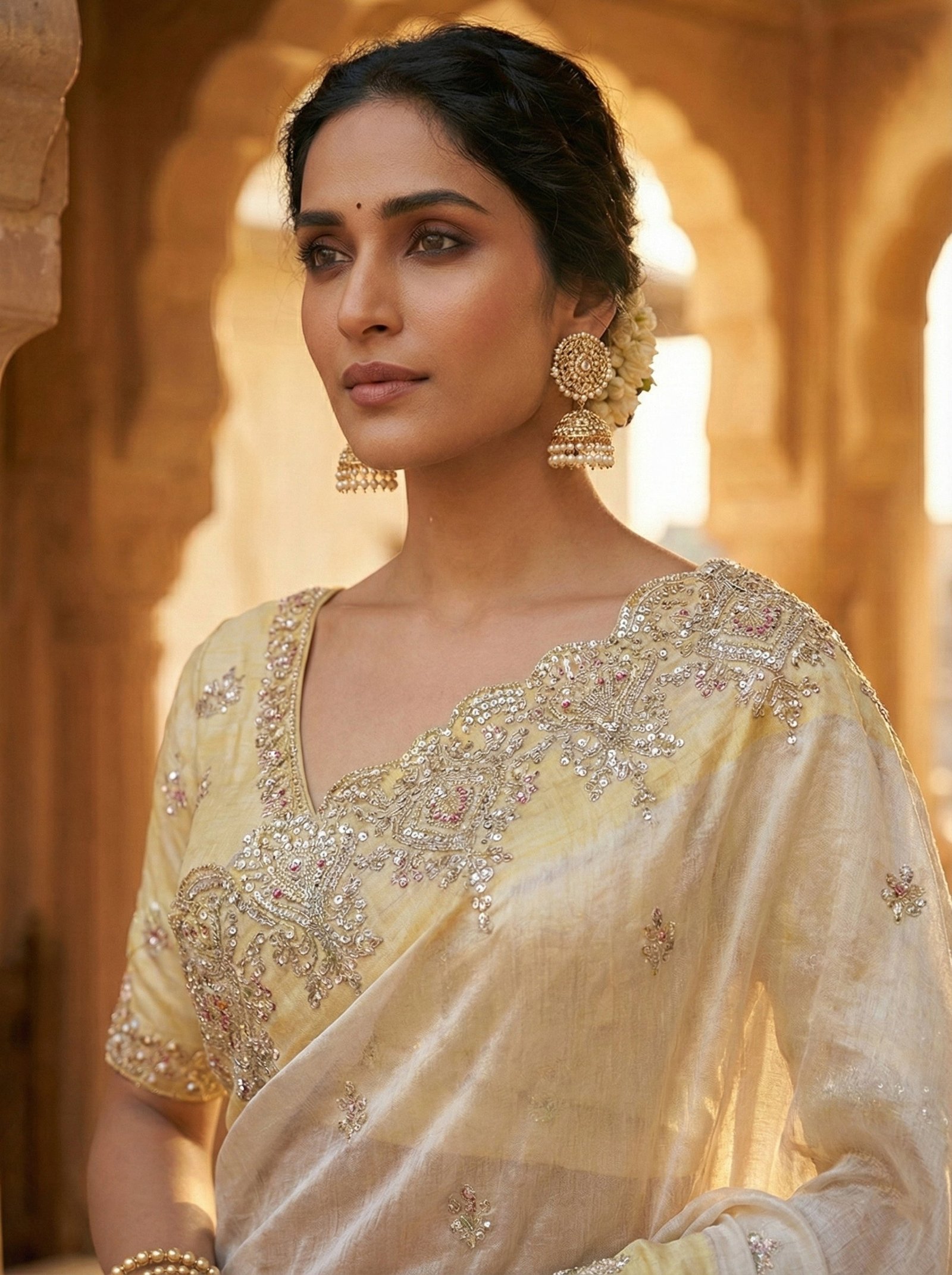 Silver Tissue Hand Embroidery Saree - Image 2