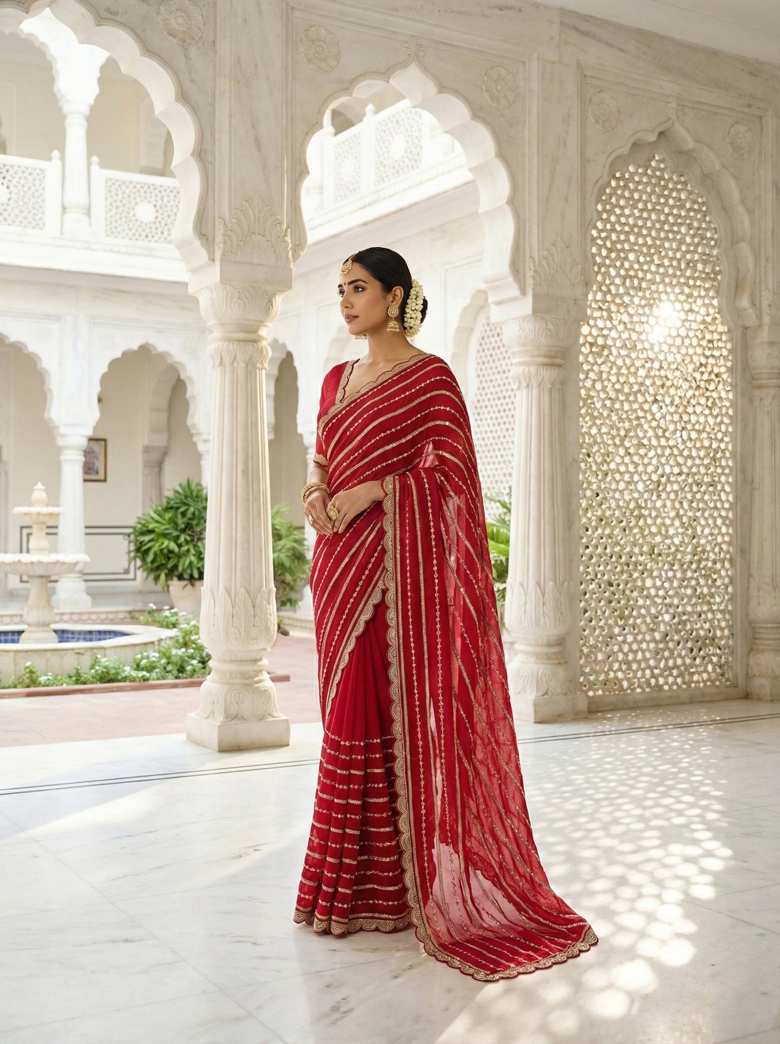 Red Tissue Stone Hand Embroidery Saree