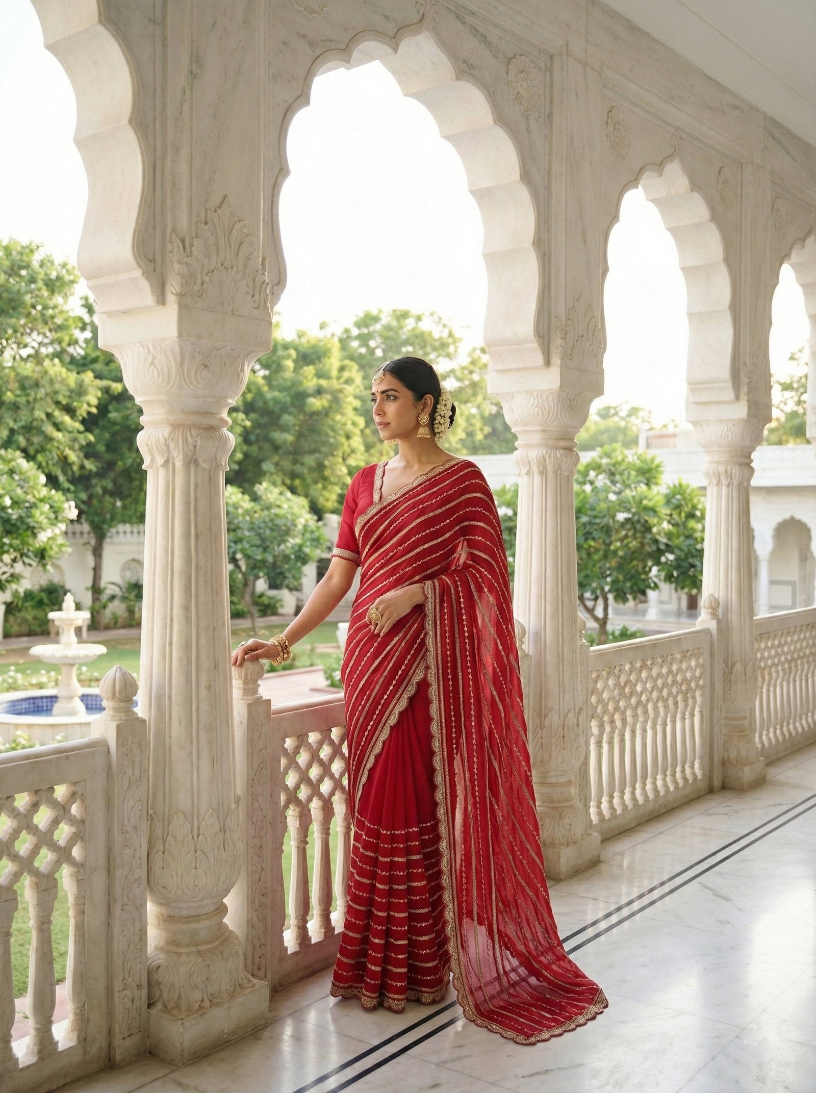 Red Tissue Stone Hand Embroidery Saree - Image 2