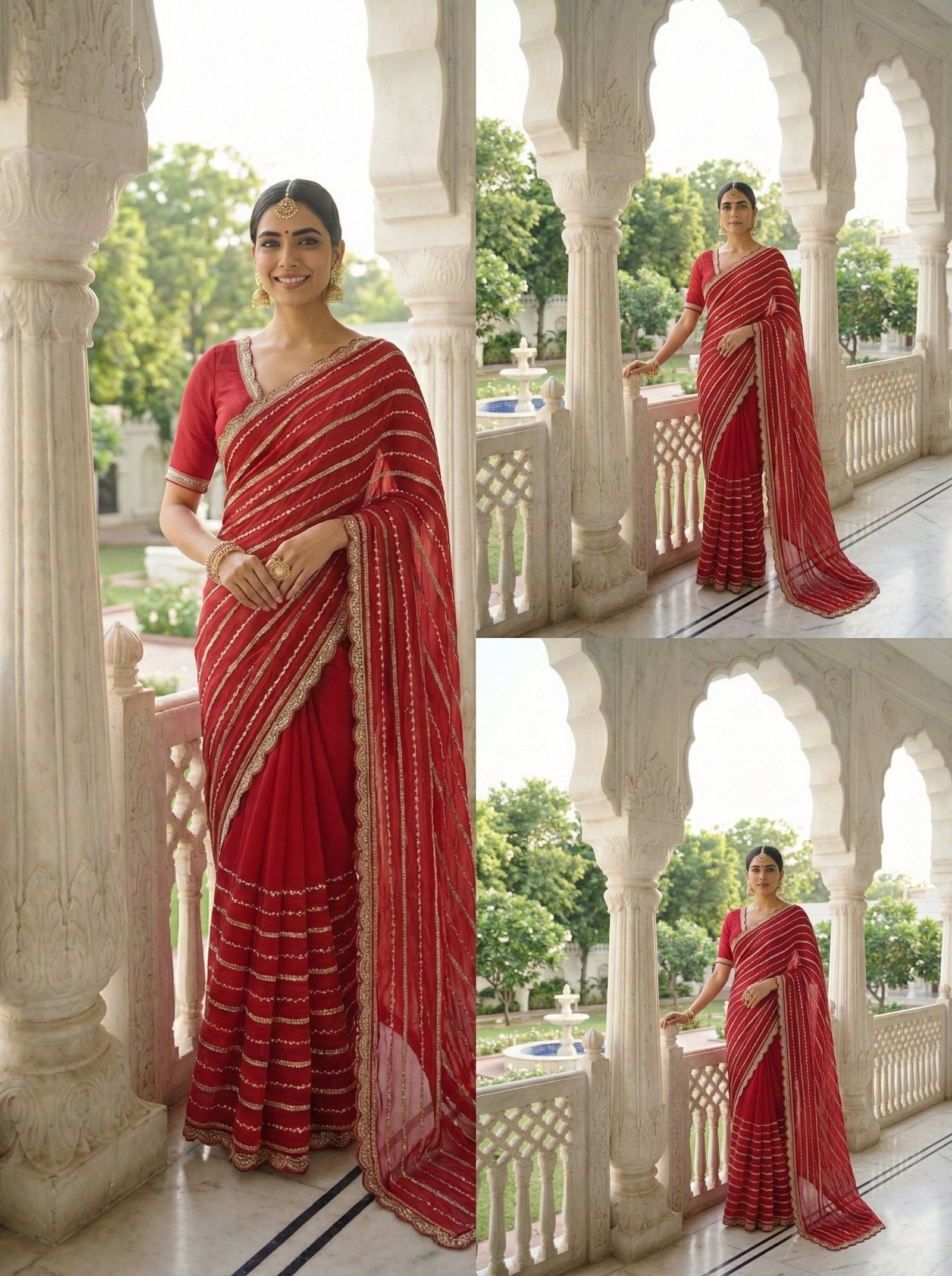 Red Tissue Stone Hand Embroidery Saree - Image 3