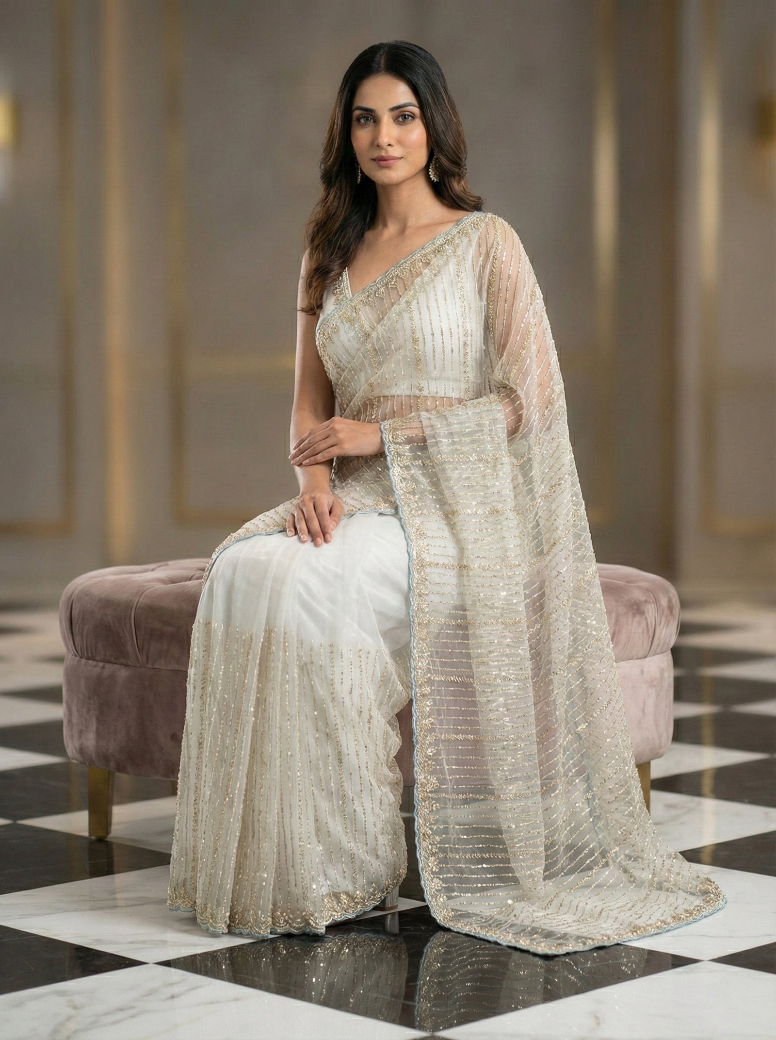 Grey Net Heavy Hand Embroidery Saree - Image 3