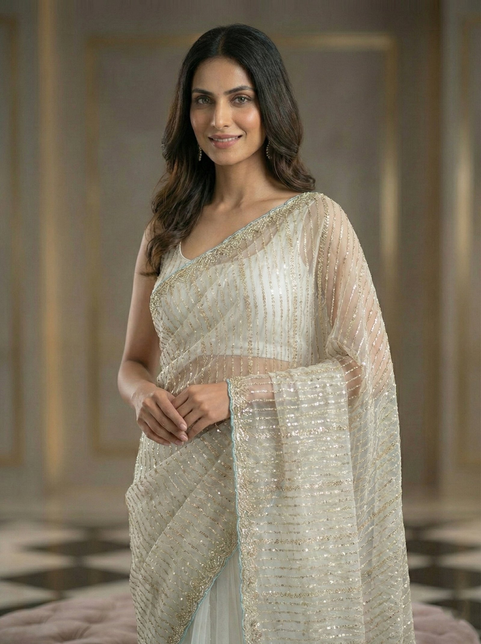 Grey Net Heavy Hand Embroidery Saree - Image 2