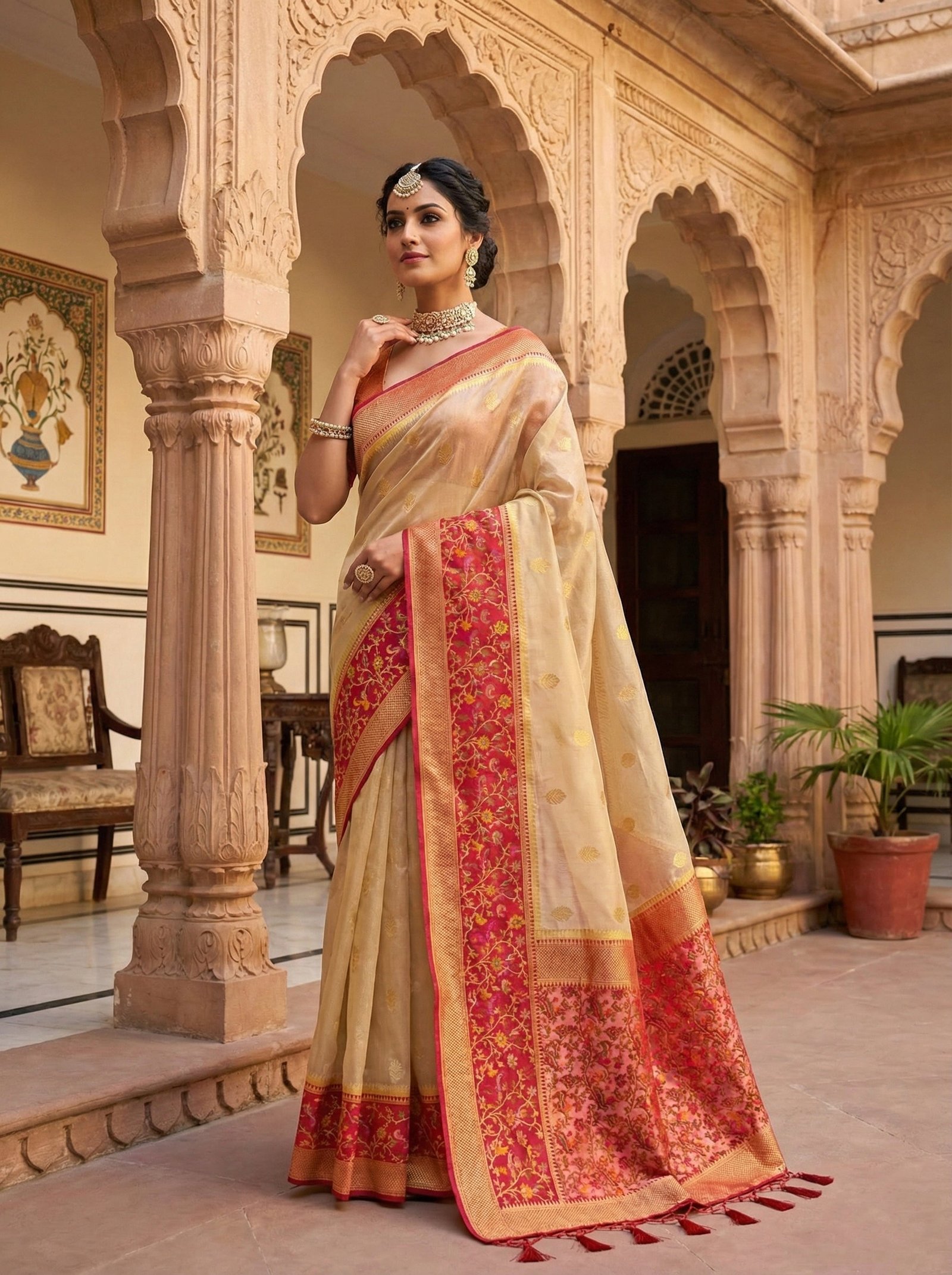 Gold Silk Floral Digital Print Saree