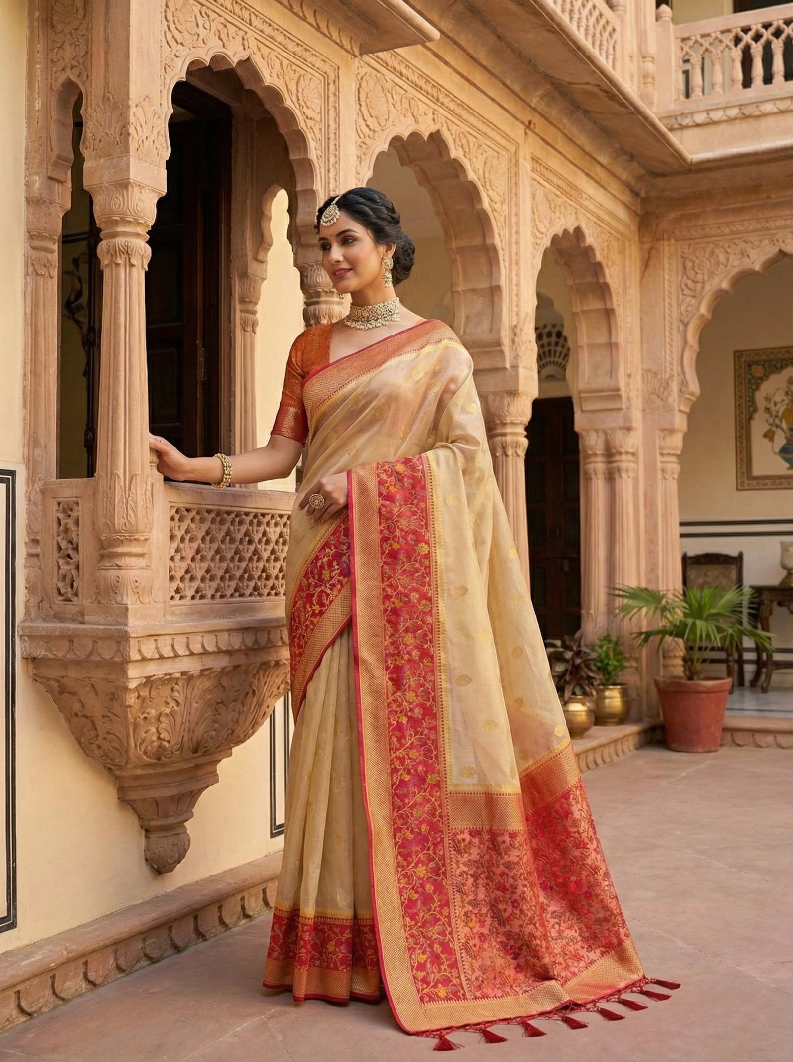 Gold Silk Floral Digital Print Saree - Image 3