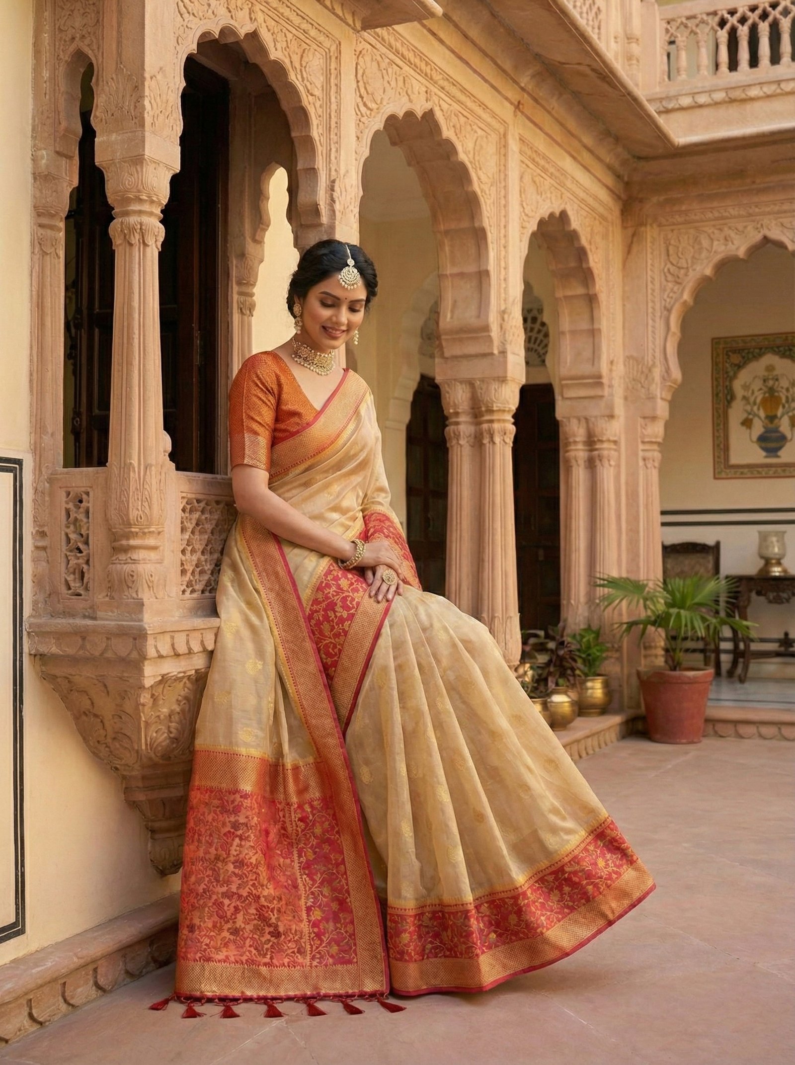 Gold Silk Floral Digital Print Saree - Image 4
