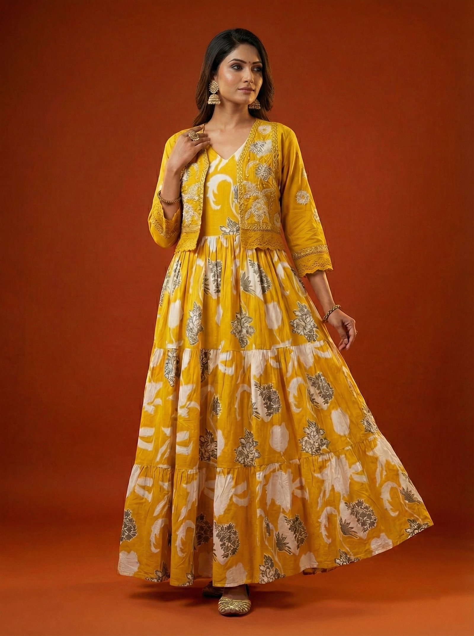 Mustard Cotton Floral Digital Print Long Dress - Image 2