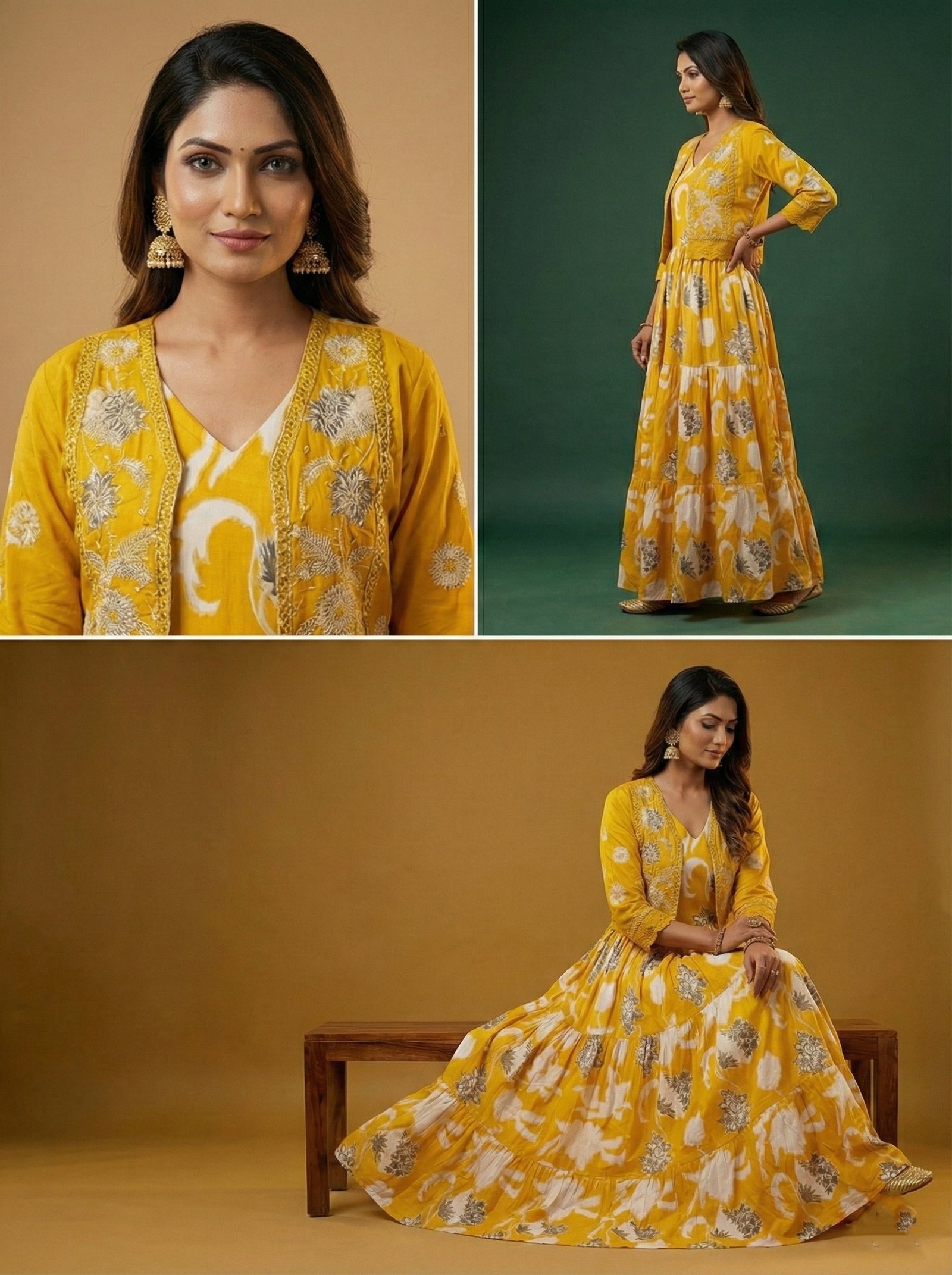 Mustard Cotton Floral Digital Print Long Dress - Image 5