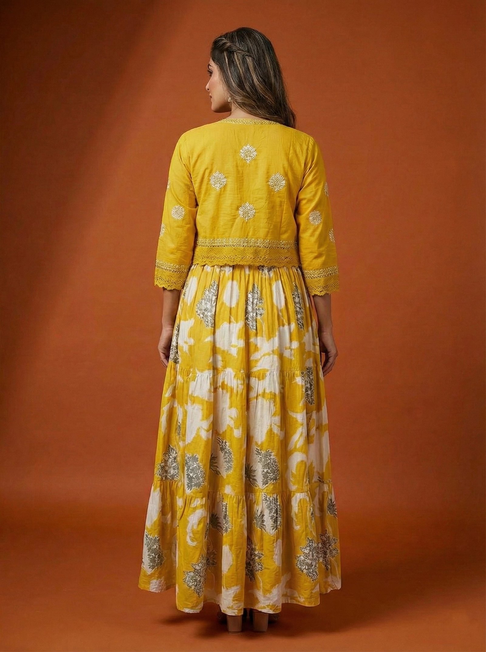 Mustard Cotton Floral Digital Print Long Dress - Image 3
