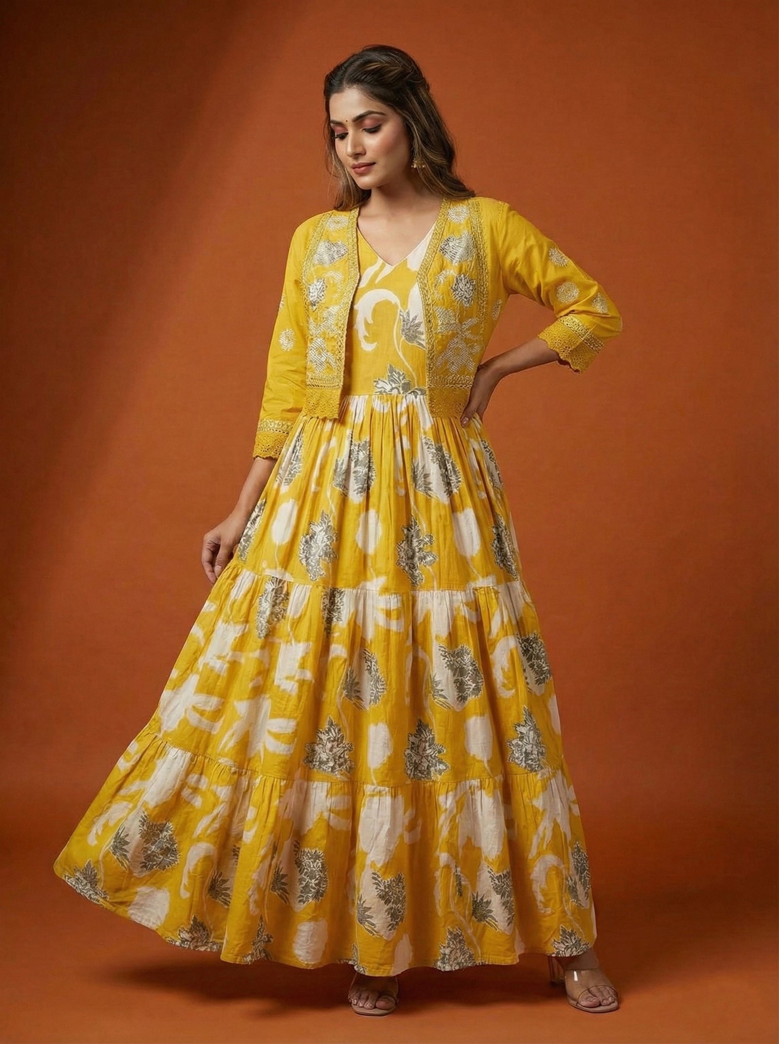 Mustard Cotton Floral Digital Print Long Dress - Image 4