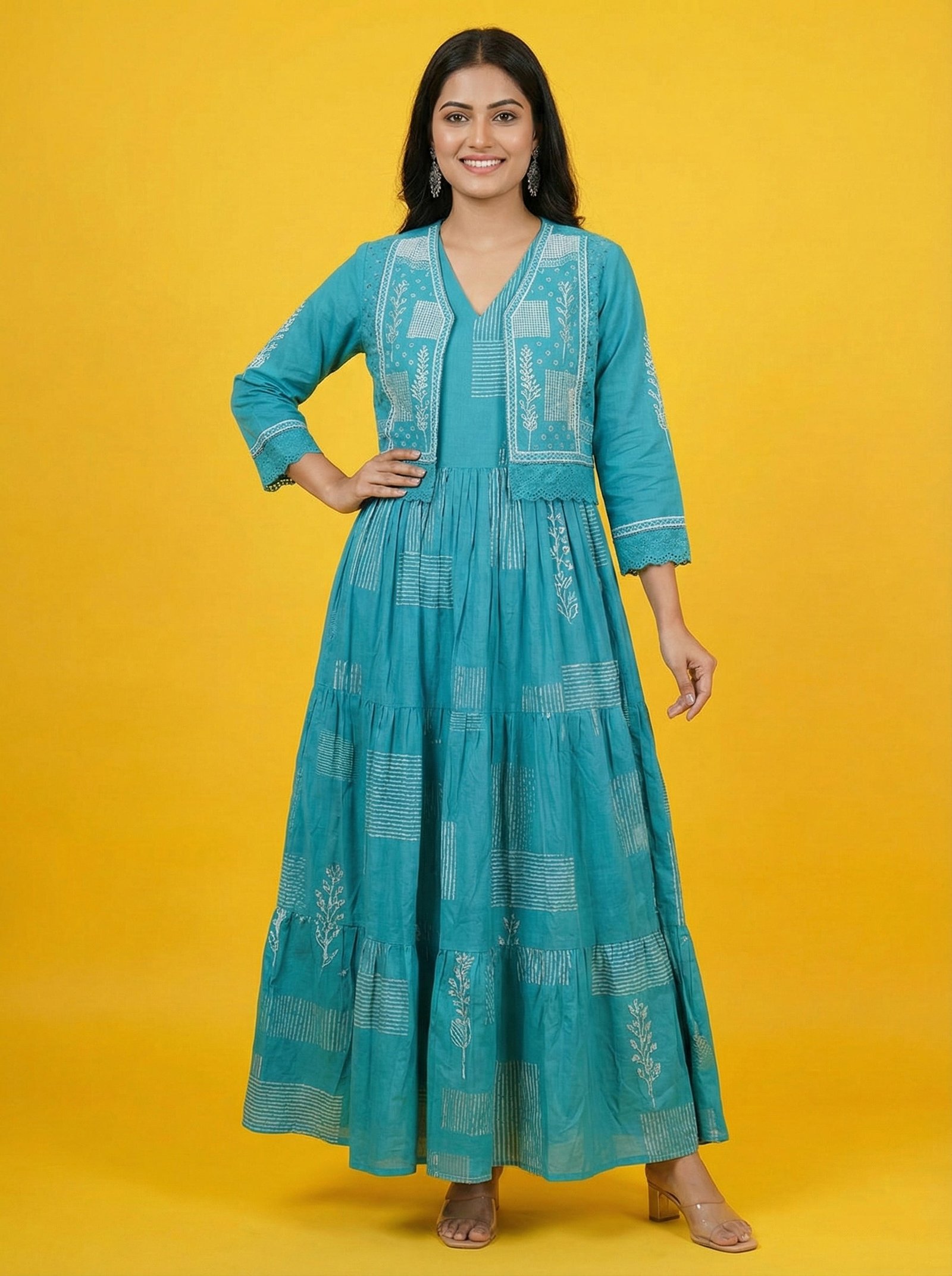 Blue Cotton Digital Print Long Dress