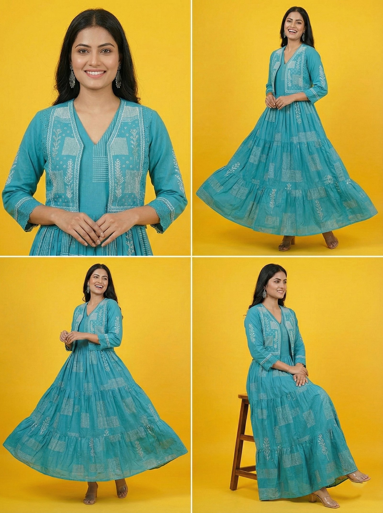 Blue Cotton Digital Print Long Dress - Image 3