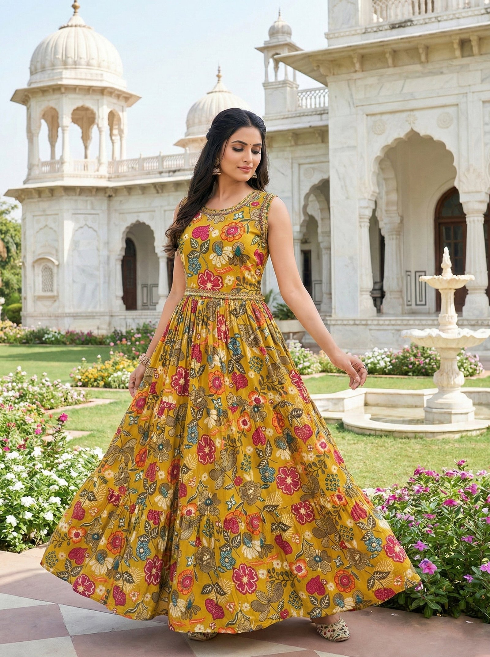 Mustard Rayon Floral Digital Print Long Dress